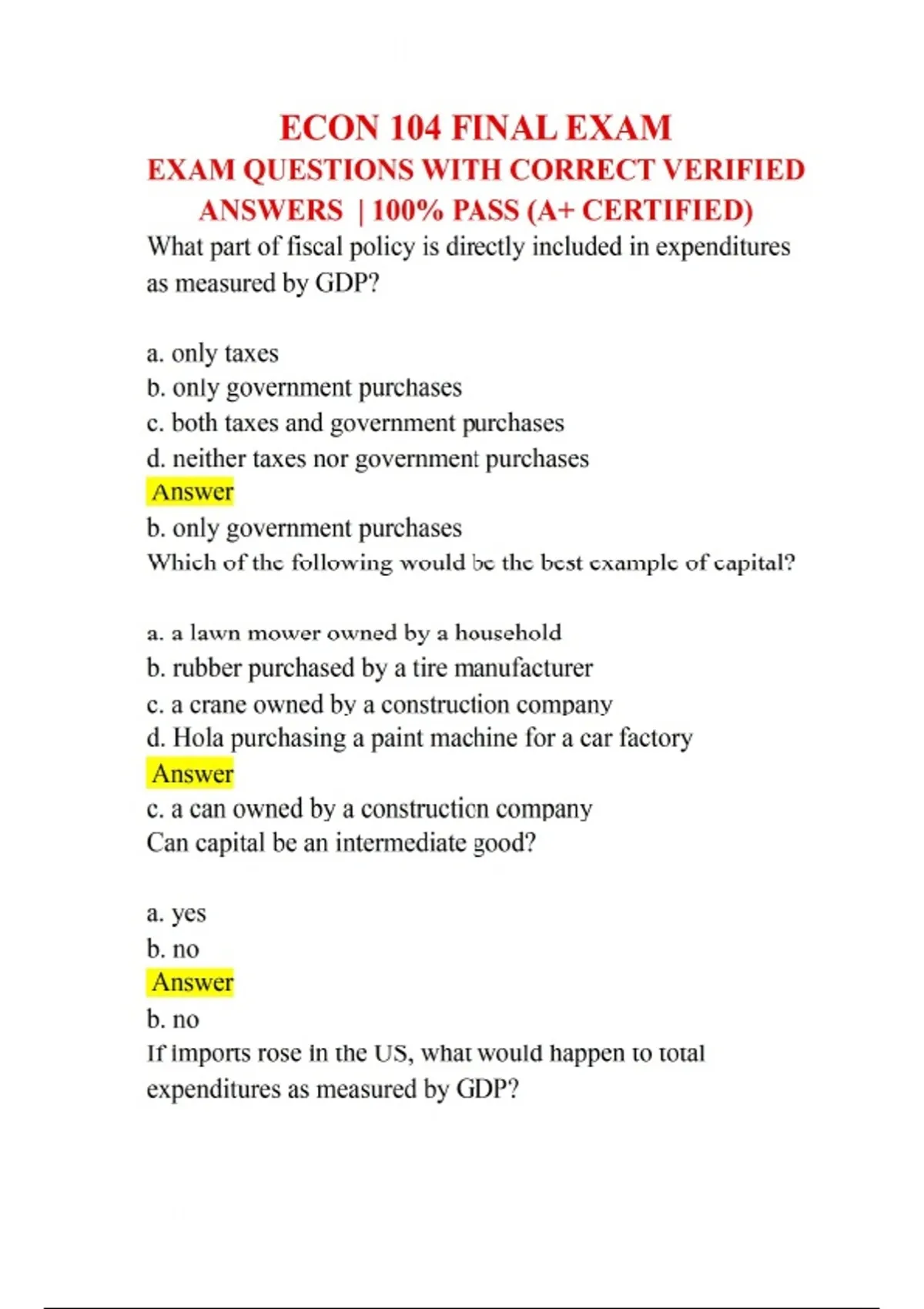 ECON 104 FINAL EXAM EXAM QUESTIONS WITH CORRECT VERIFIED ANSWERS | 100% ...