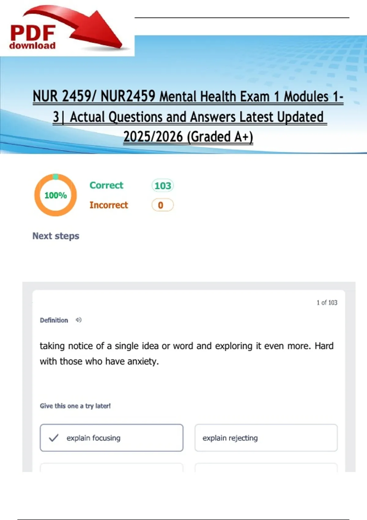 NUR 2459/ NUR2459 Mental Health Exam 1 Modules 1- 3| Actual Questions ...