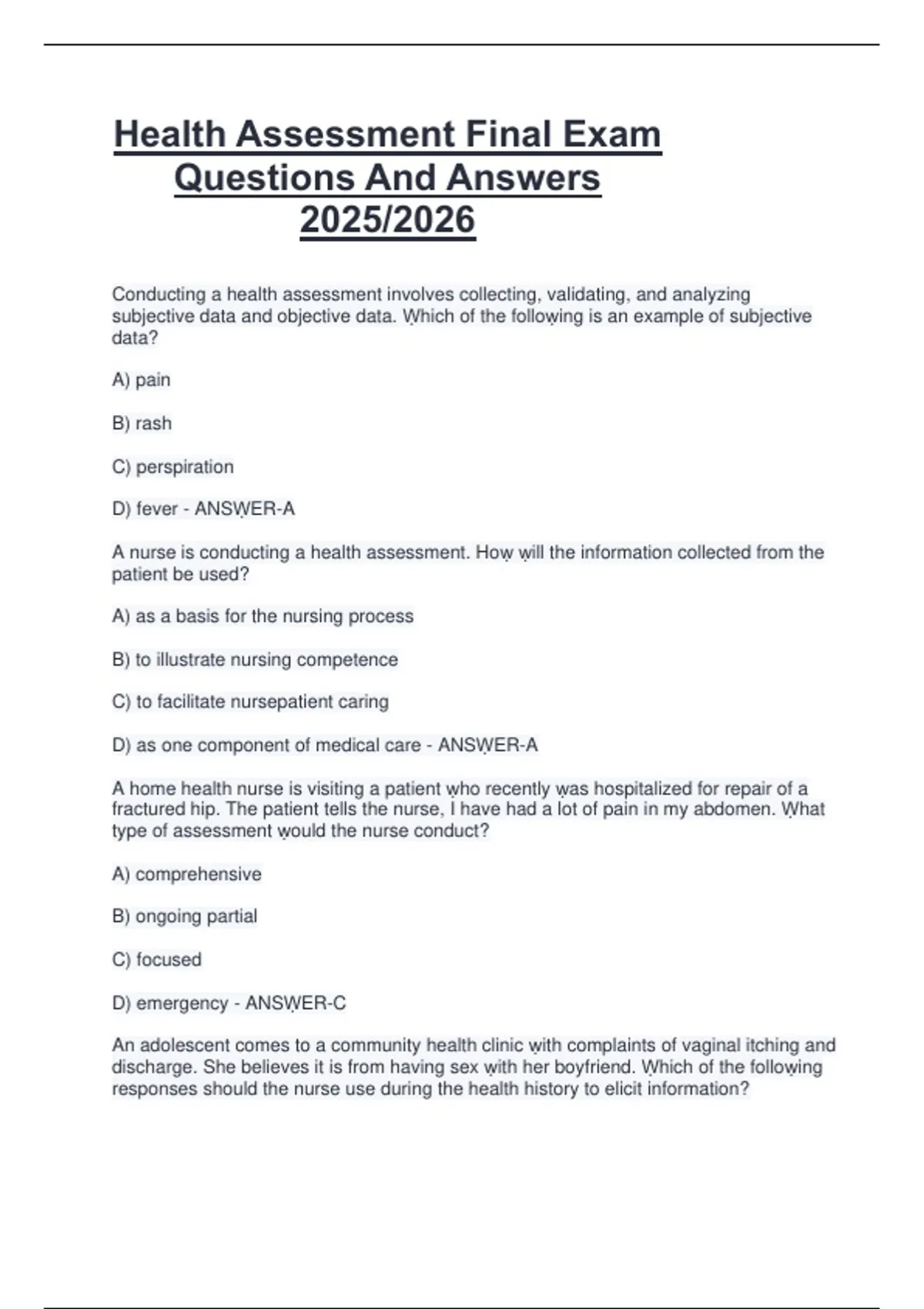 Health Assessment Final Exam Questions And Answers 2025/2026 - Health ...