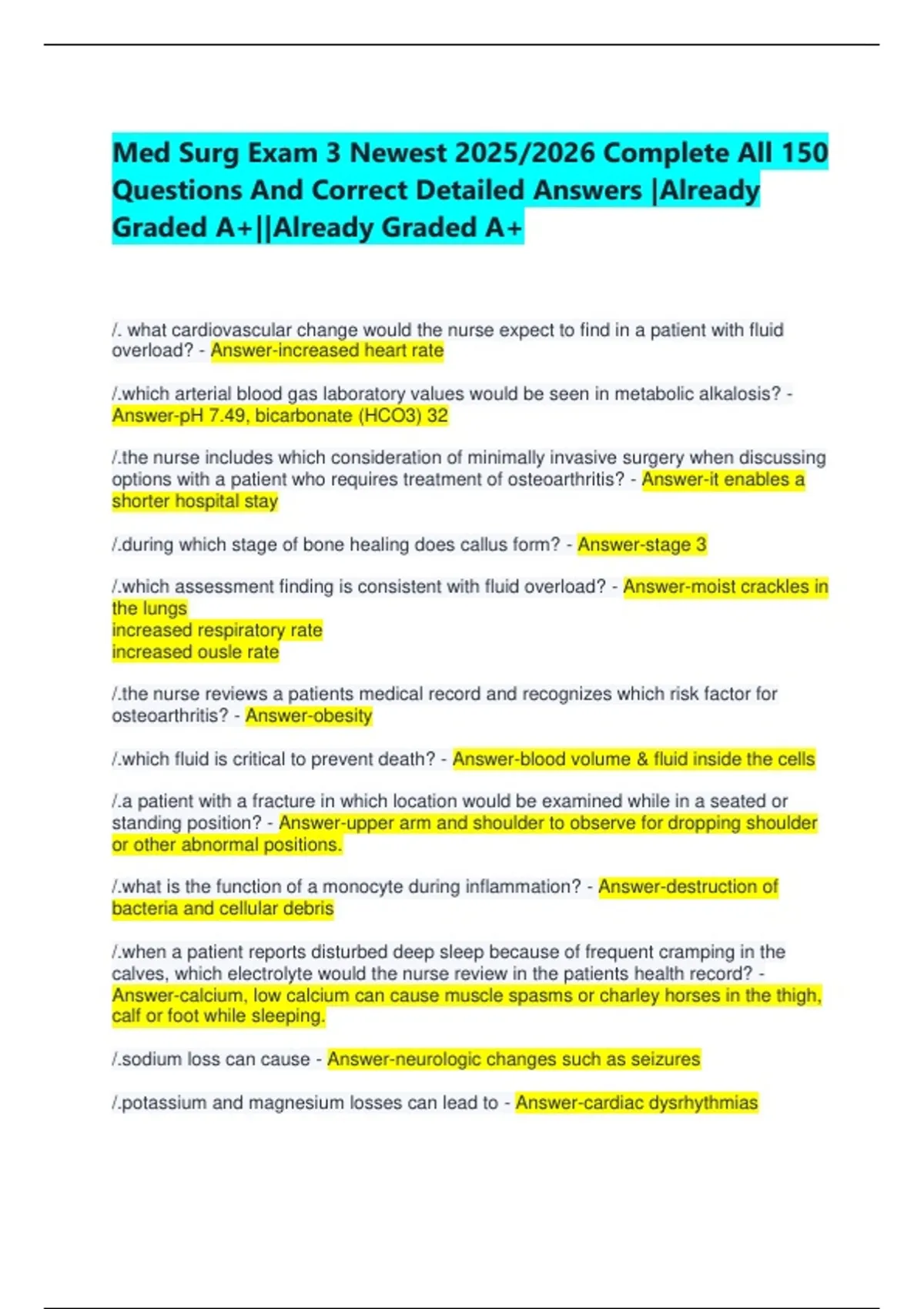 Med Surg Exam 3 Newest 2025/2026 Complete All 150 Questions And Correct ...
