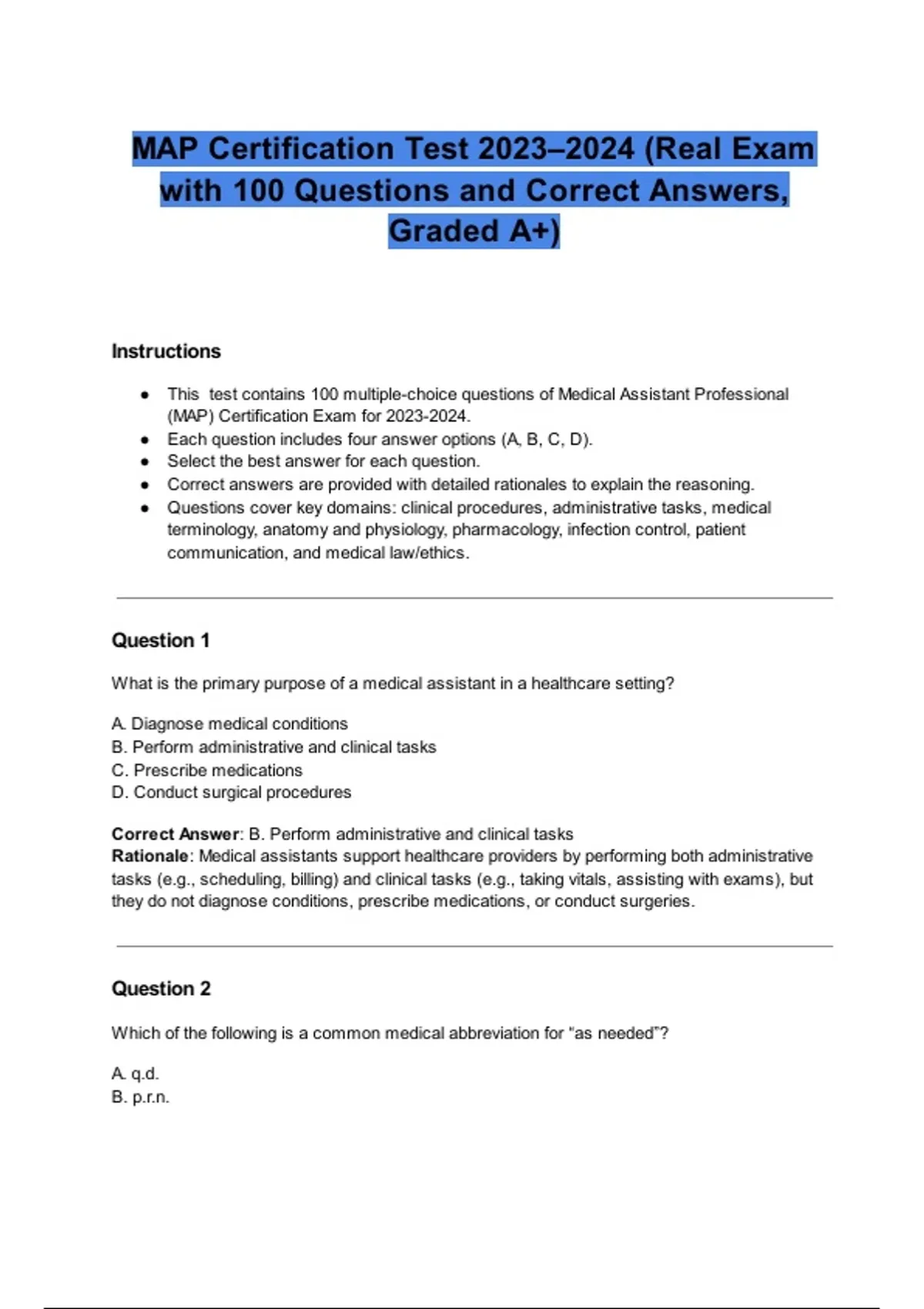MAP Certification Test 2023–2024 (Real Exam with 100 Questions and ...