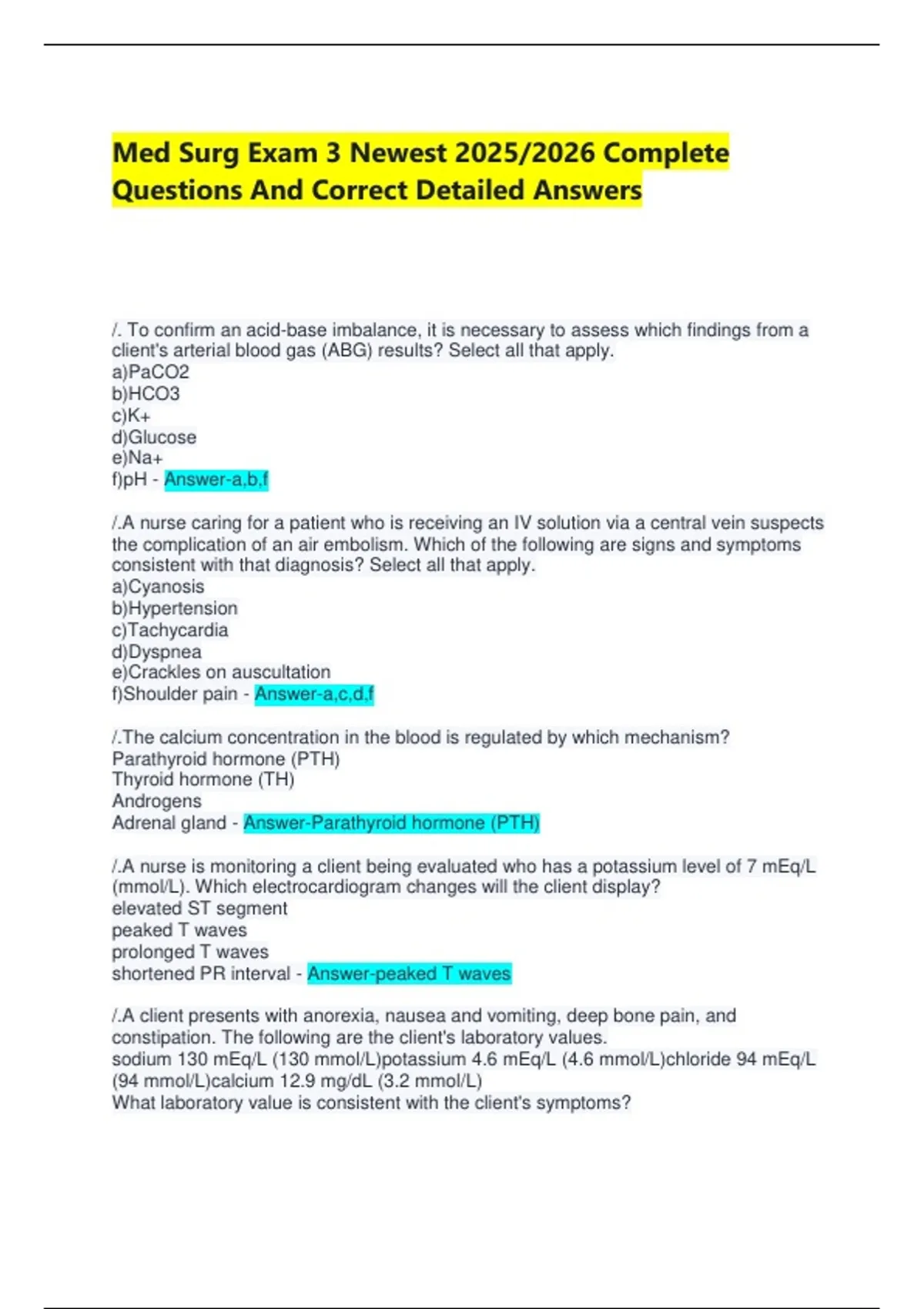 Med Surg Exam 3 Newest 2025/2026 Complete Questions And Correct Detailed Answers - Med Surg ...