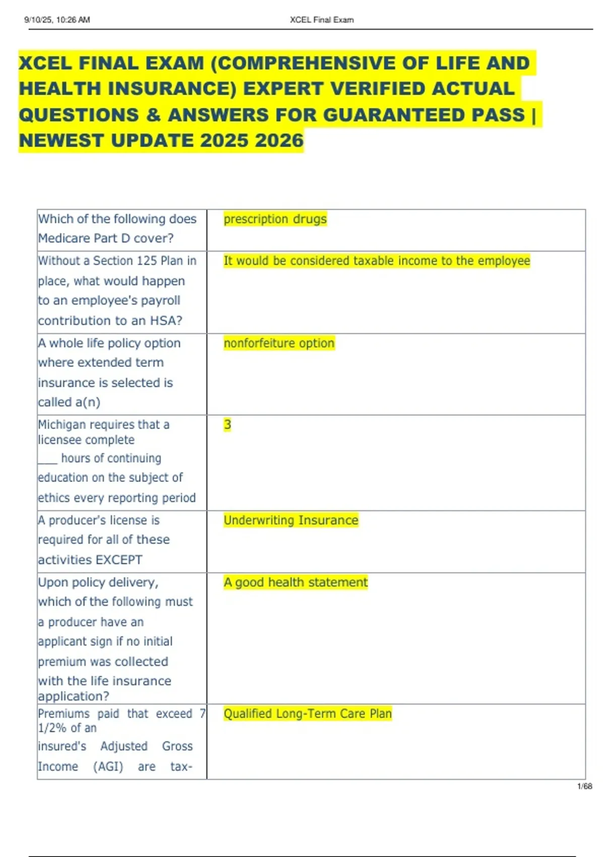 XCEL FINAL EXAM (COMPREHENSIVE OF LIFE AND HEALTH INSURANCE) EXPERT ...