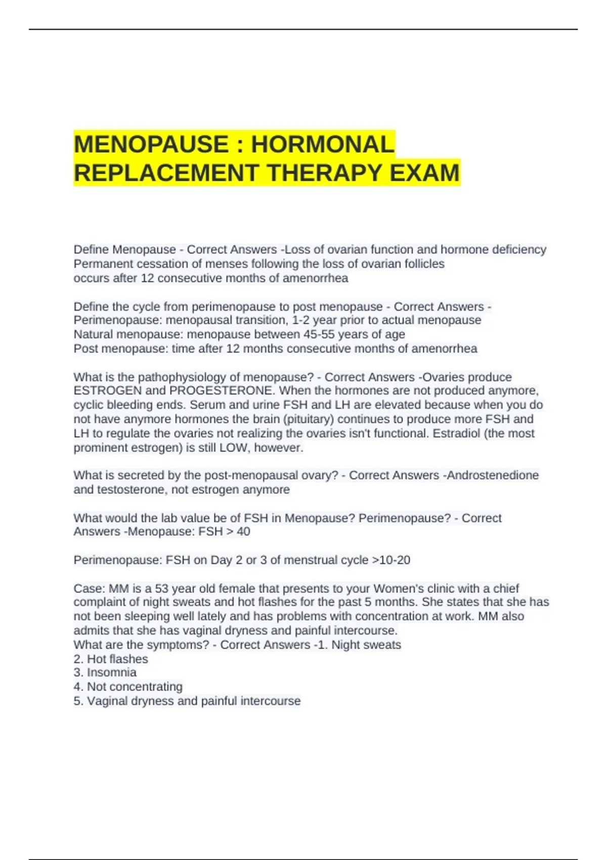 MENOPAUSE : HORMONAL REPLACEMENT THERAPY EXAM QUESTIONS WITH VERIFIED ...