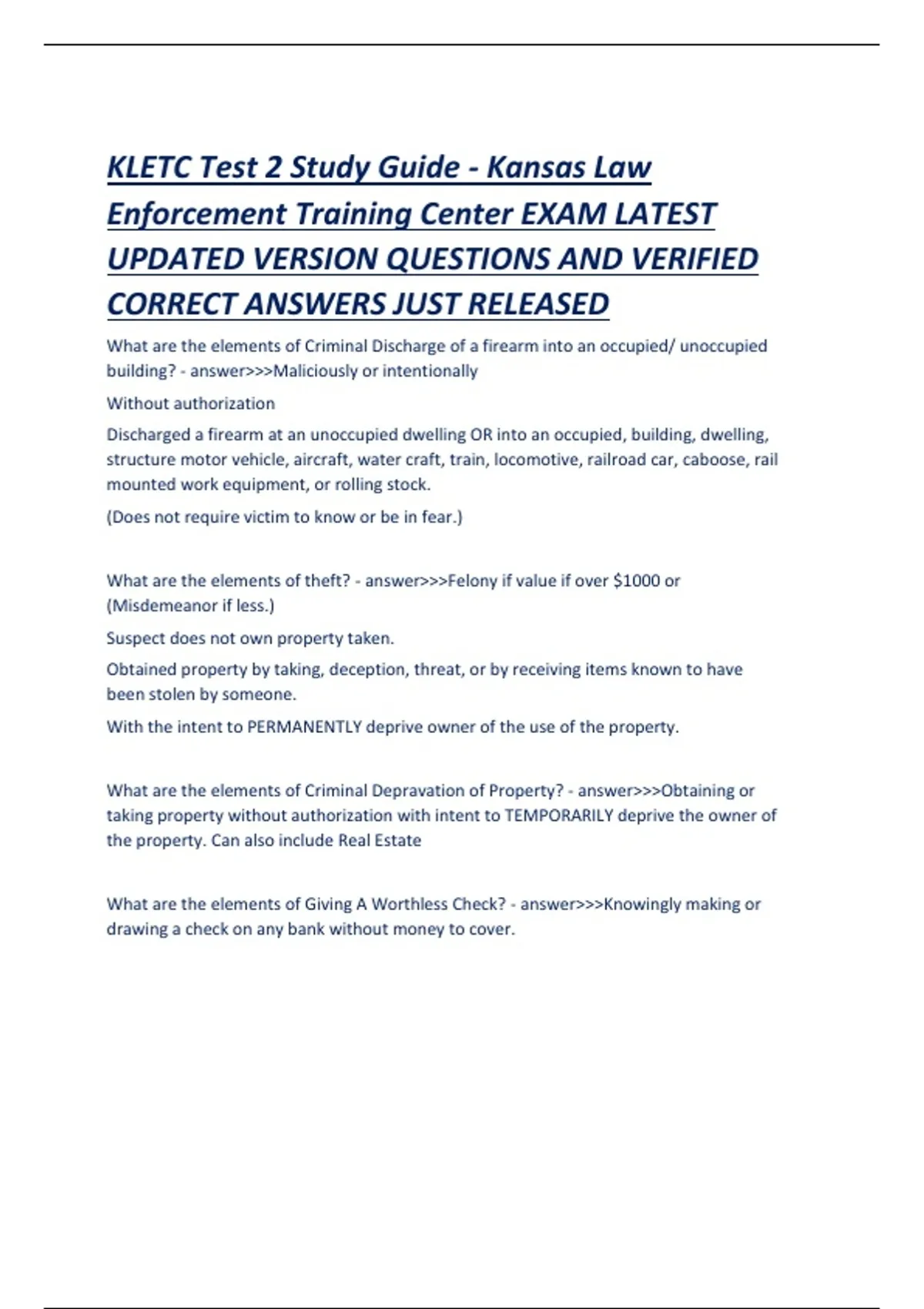 KLETC Test 2 Study Guide - Kansas Law Enforcement Training Center EXAM ...