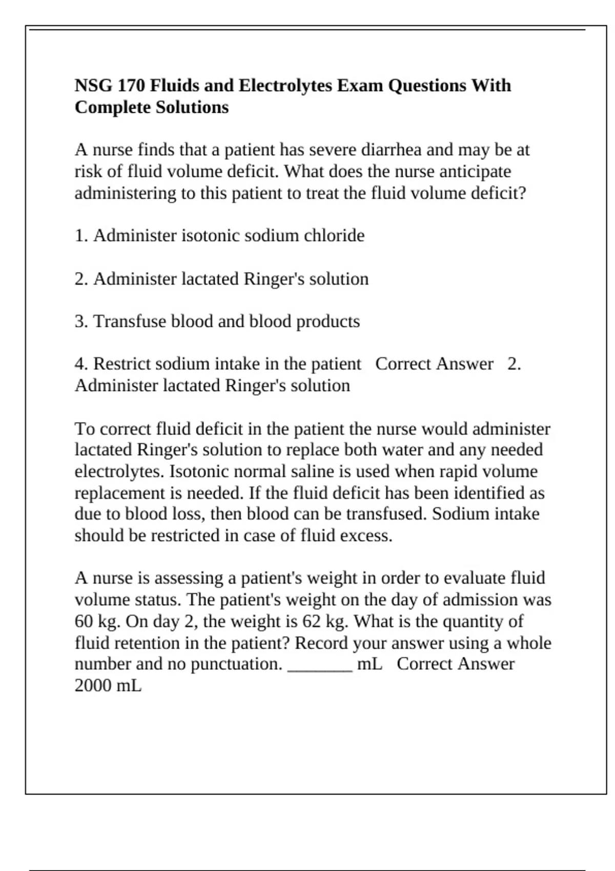 NSG 170 Fluids and Electrolytes Exam Questions With Complete Solutions ...
