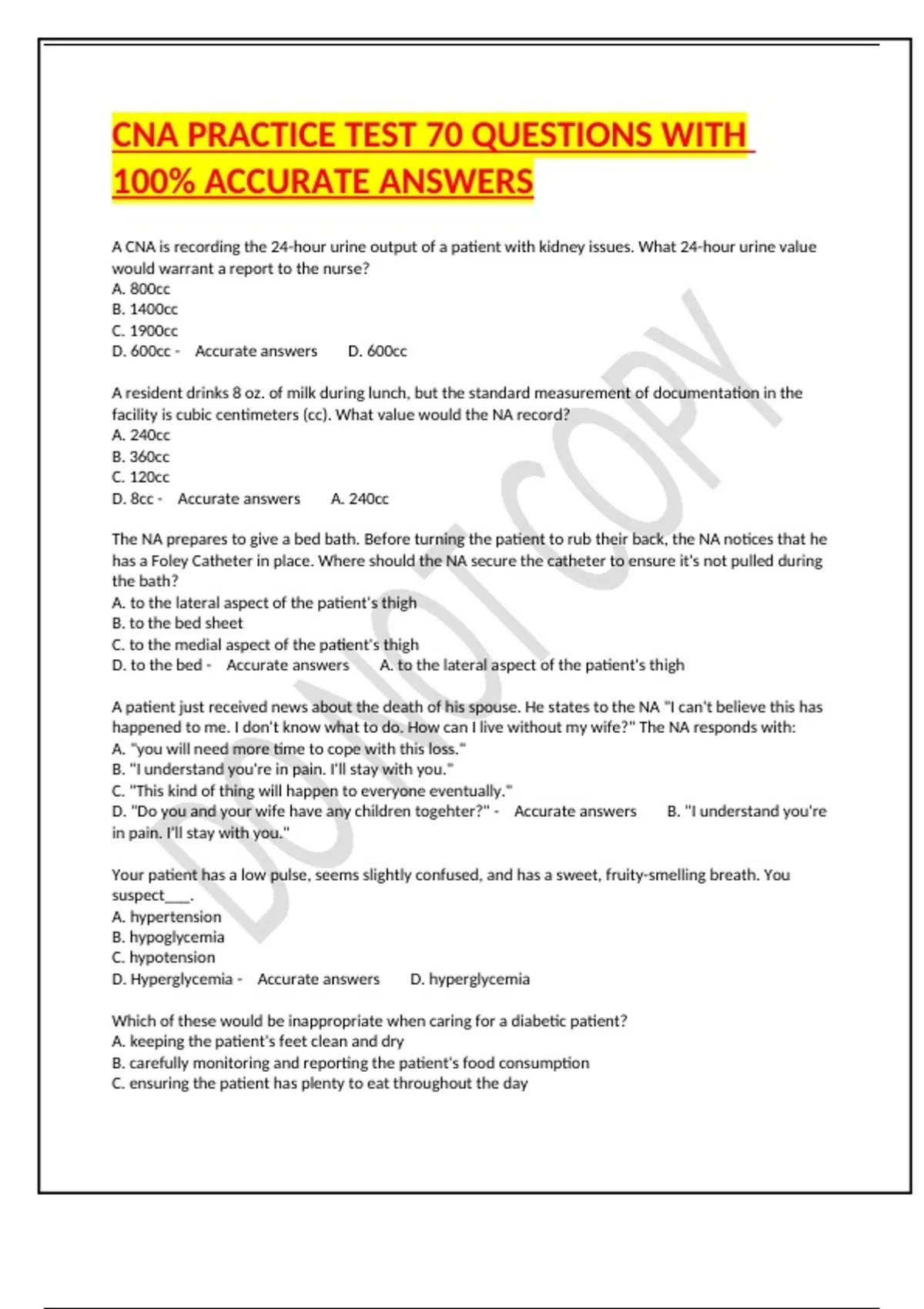 CNA PRACTICE TEST 70 QUESTIONS WITH 100% ACCURATE ANSWERS - CNA - Stuvia US