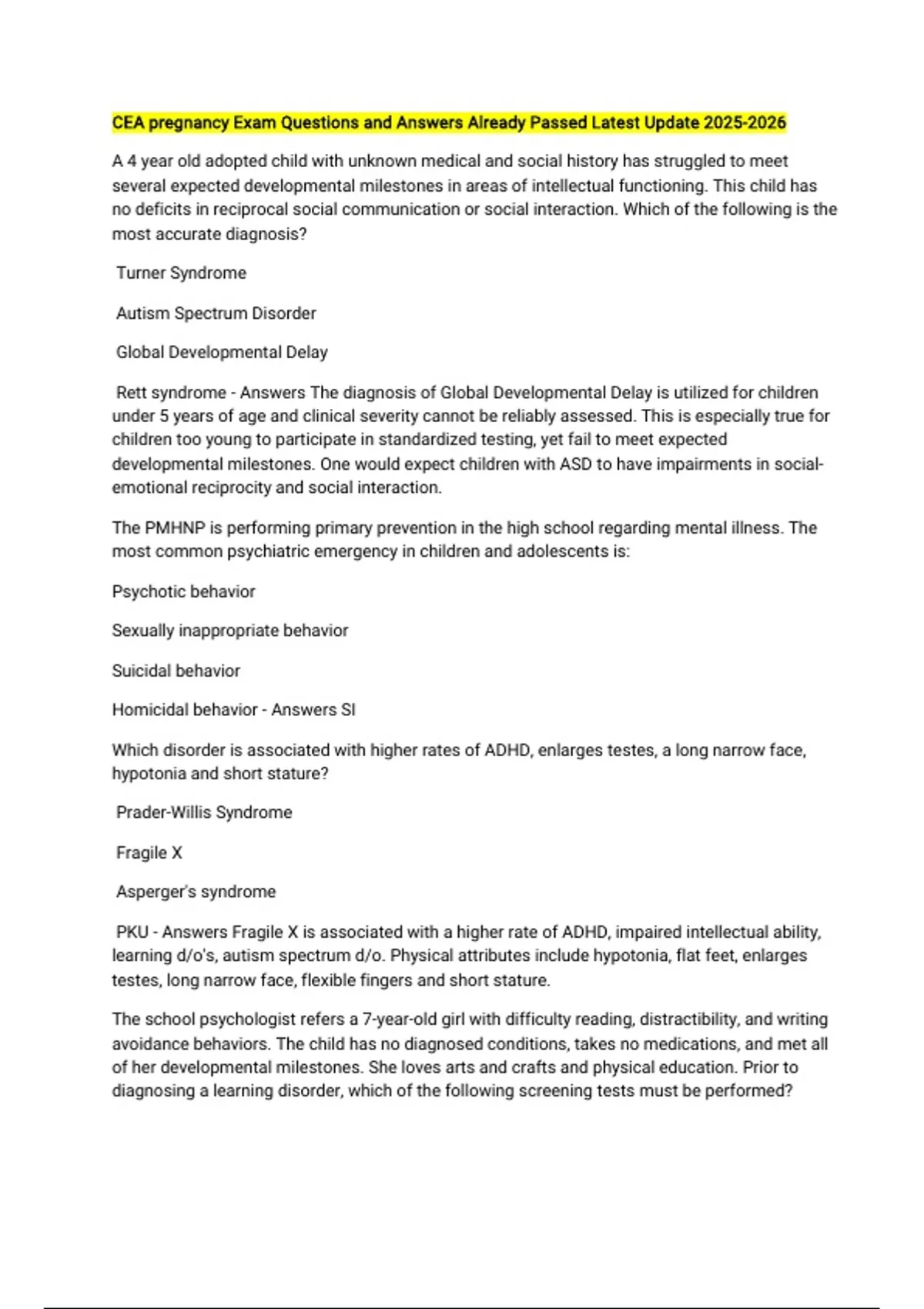 CEA pregnancy Exam Questions and Answers Already Passed Latest Update ...