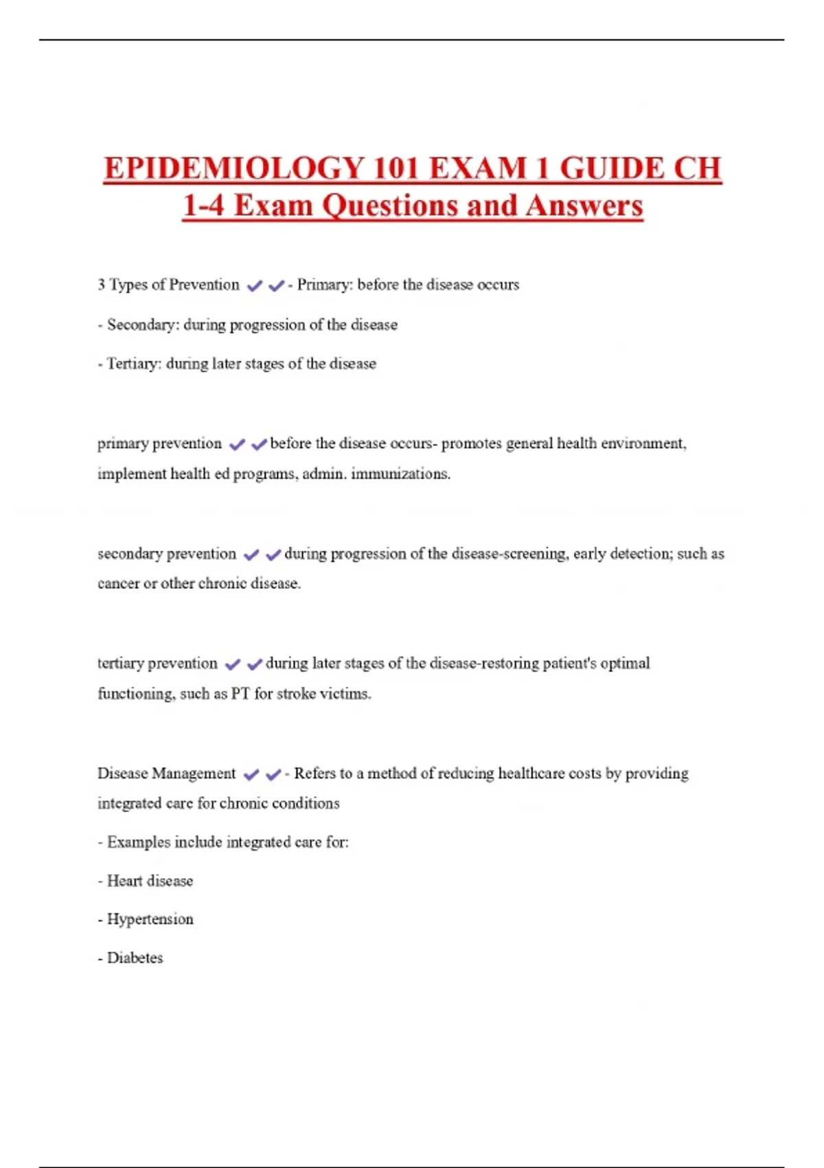 EPIDEMIOLOGY 101 EXAM 1 GUIDE CH 1-4 Exam Questions and Answers - Epidemiology... - Stuvia US