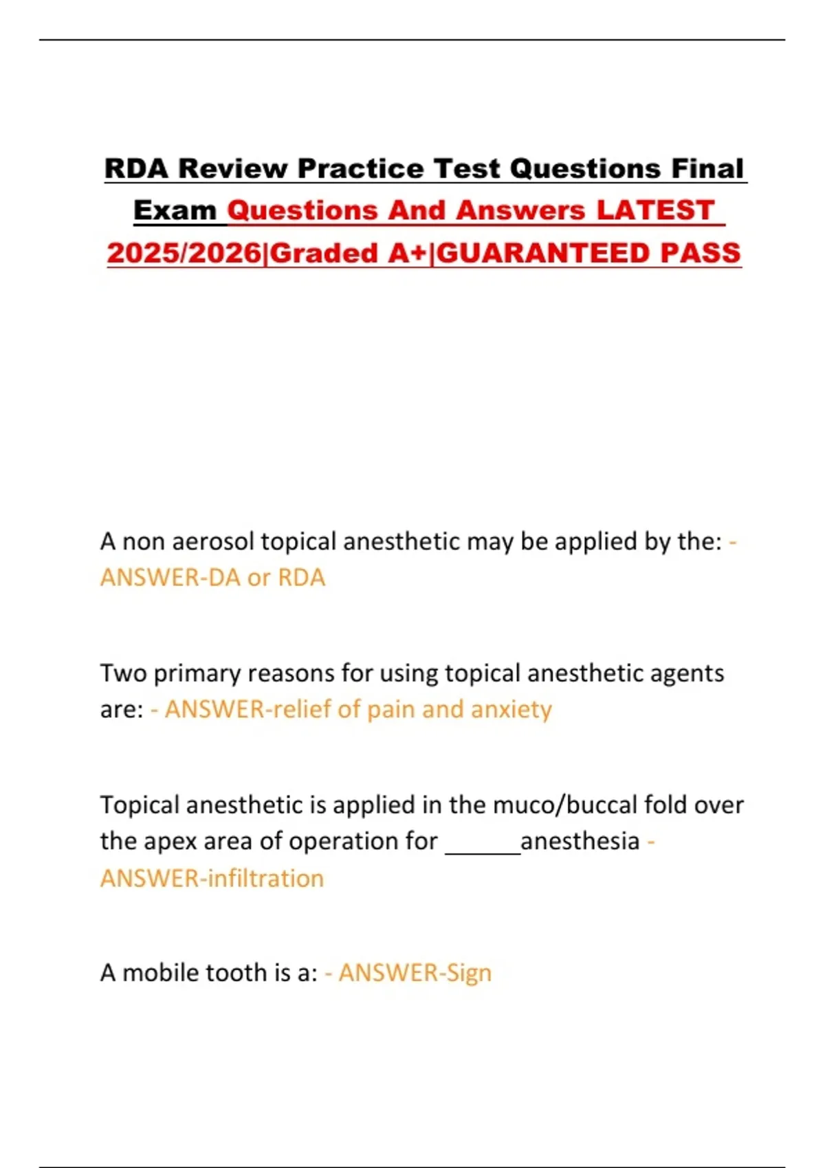 RDA Review Practice Test Questions Final Exam Questions And Answers ...