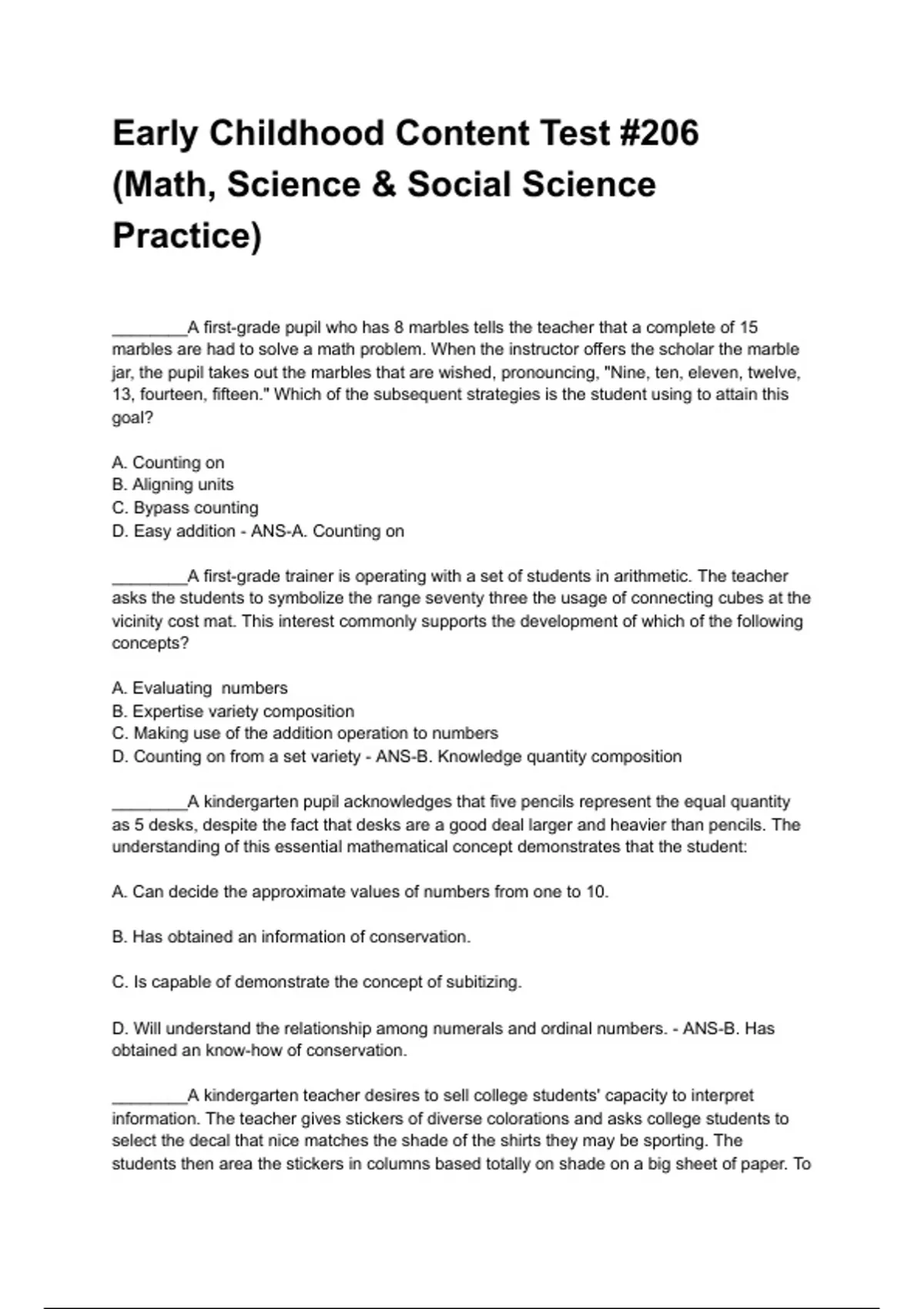 Early Childhood Content Test #206 (Math, Science &amp; Social Science Practice) NEWEST 2025/2026 ...