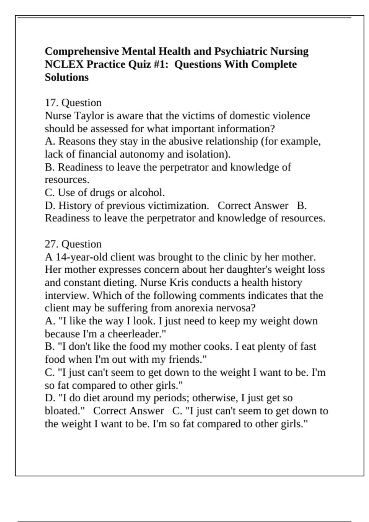 Comprehensive Mental Health and Psychiatric Nursing NCLEX Practice Quiz ...