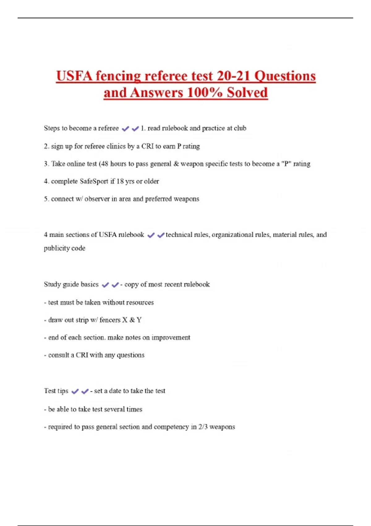 Referee Rsa Test USFA fencing referee test 20-21 Questions and Answers 100% Solved ...