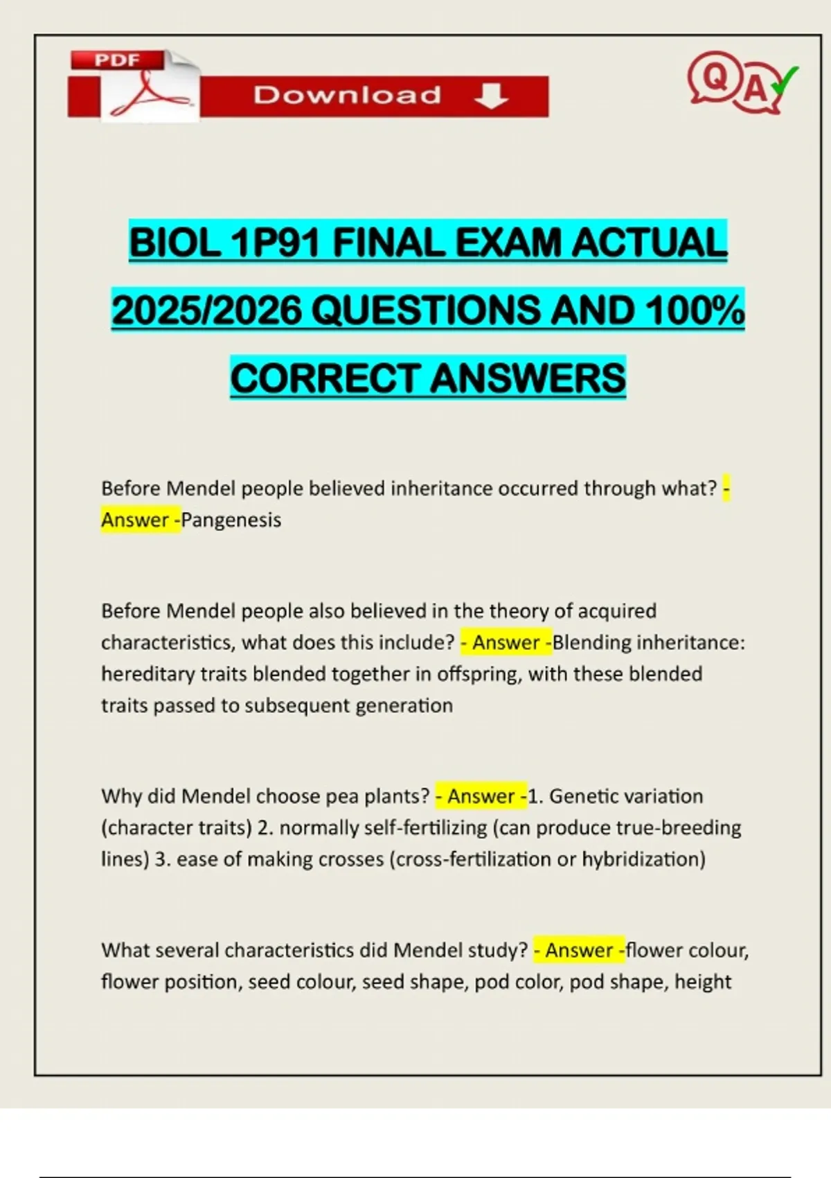 BIOL 1P91 FINAL EXAM ACTUAL 2025/2026 QUESTIONS AND 100% CORRECT ...