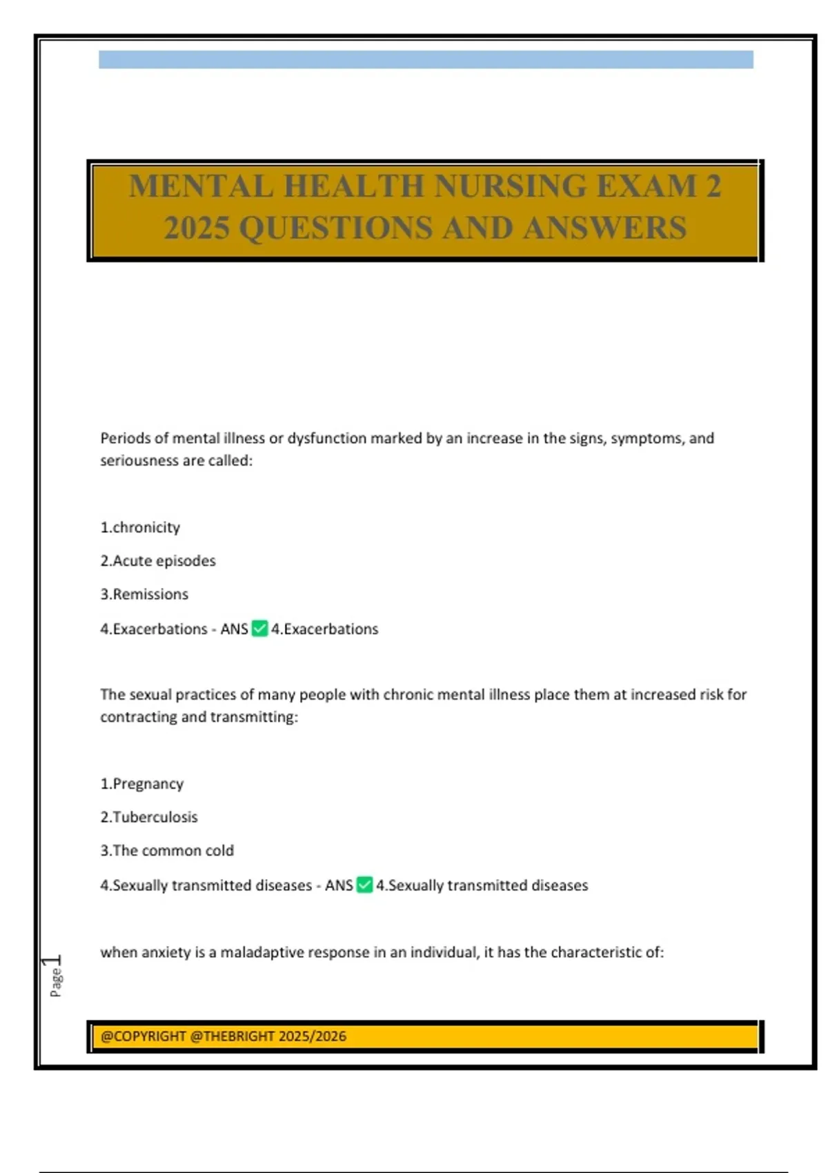 MENTAL HEALTH NURSING EXAM 2 2025 QUESTIONS AND ANSWERS - MENTAL HEALTH ...