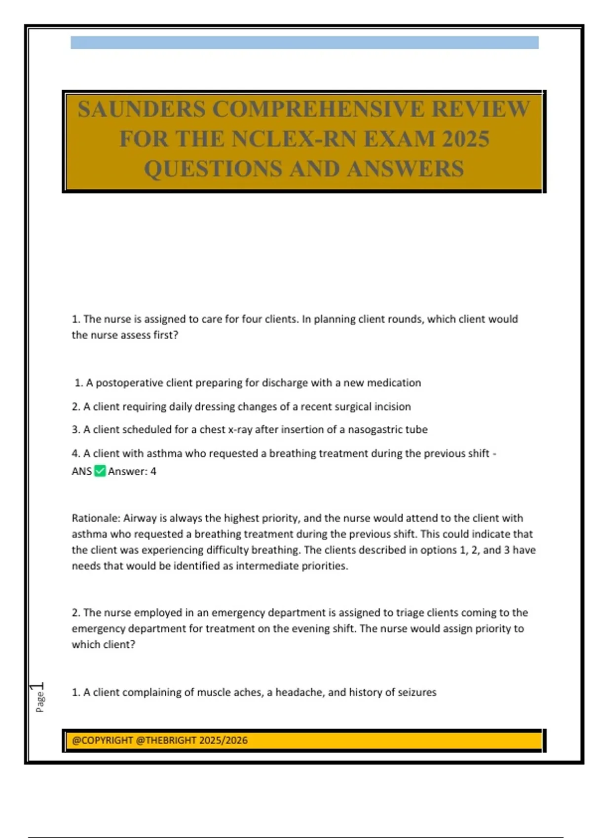 SAUNDERS COMPREHENSIVE REVIEW FOR THE NCLEX-RN EXAM 2025 QUESTIONS AND ANSWERS - NCLEX - Stuvia US