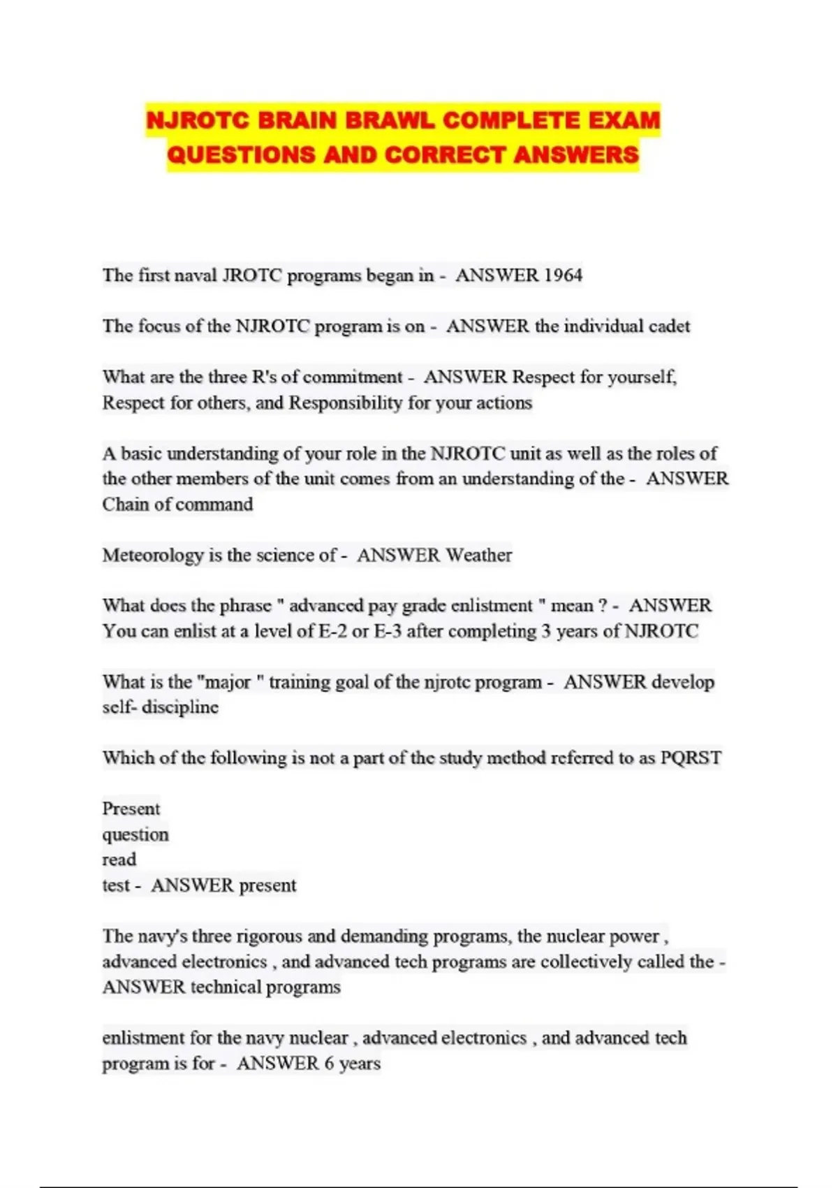 NJROTC BRAIN BRAWL COMPLETE EXAM QUESTIONS AND CORRECT ANSWERS - NJROTC BRAIN BRAWL - Stuvia US