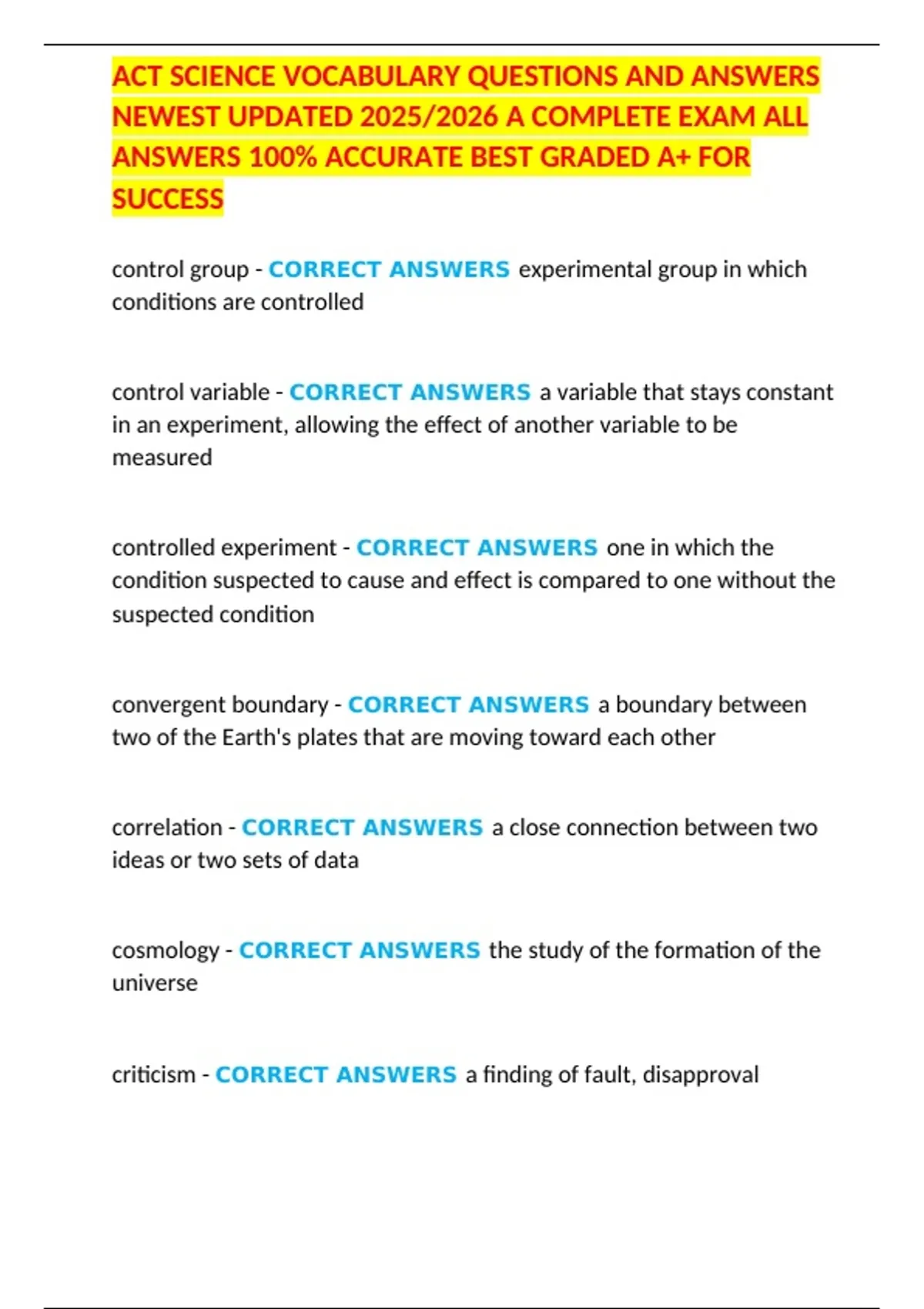 ACT SCIENCE VOCABULARY QUESTIONS AND ANSWERS NEWEST UPDATED 2025/2026 A ...
