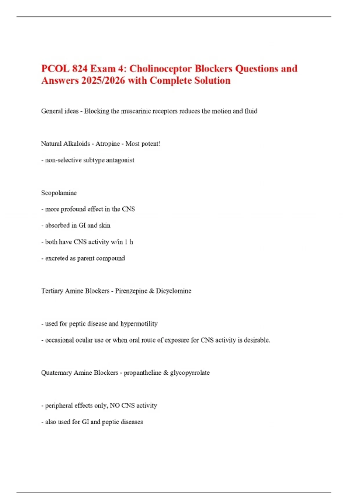 PCOL 824 Exam 4: Cholinoceptor Blockers Questions and Answers 2025/2026 ...