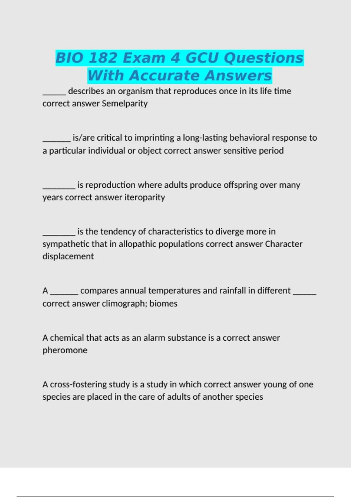 BIO 182 Exam 4 GCU Questions With Accurate Answers - Nursing - Stuvia US