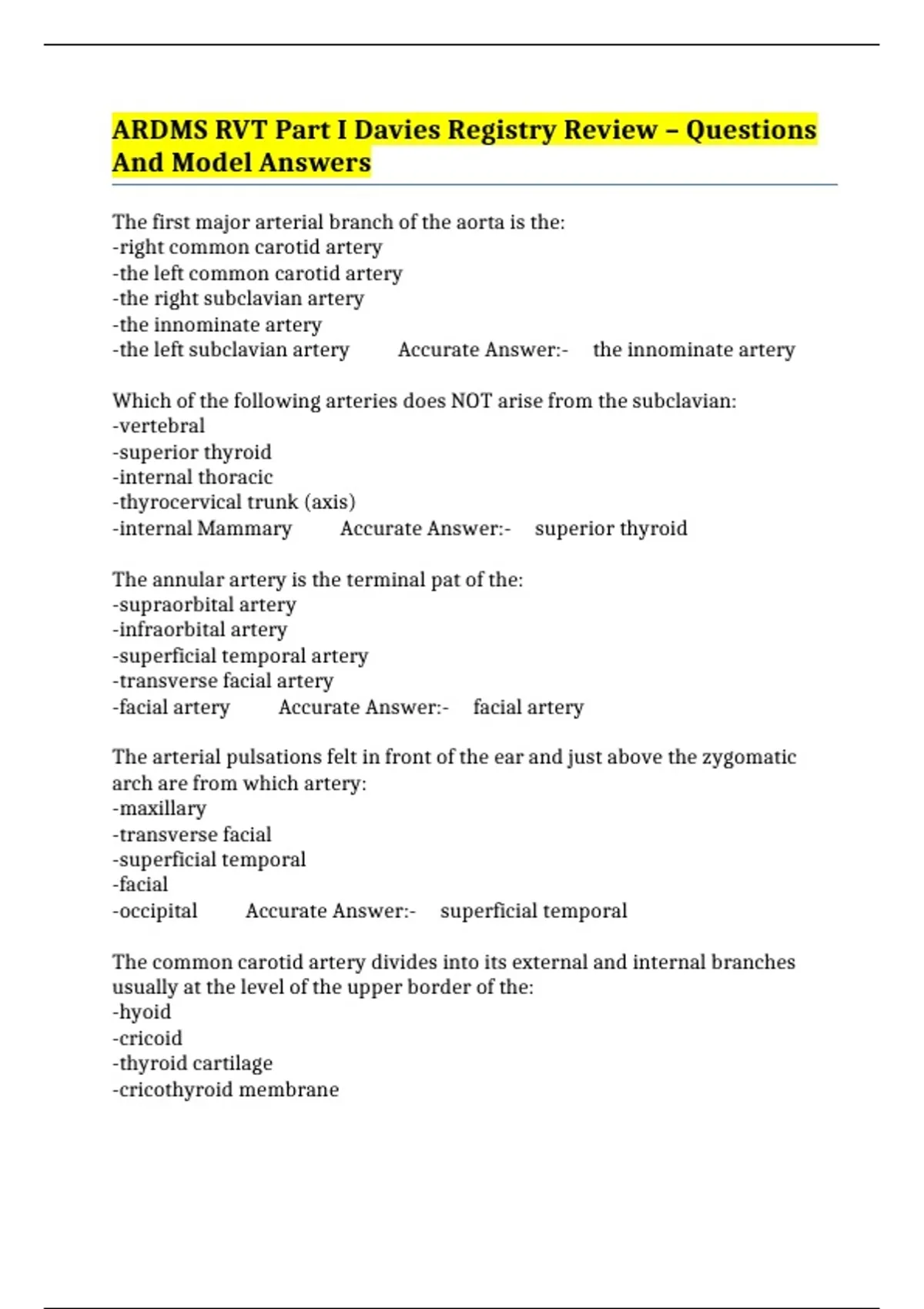 ARDMS RVT Part I Davies Registry Review – Questions And Model Answers ...
