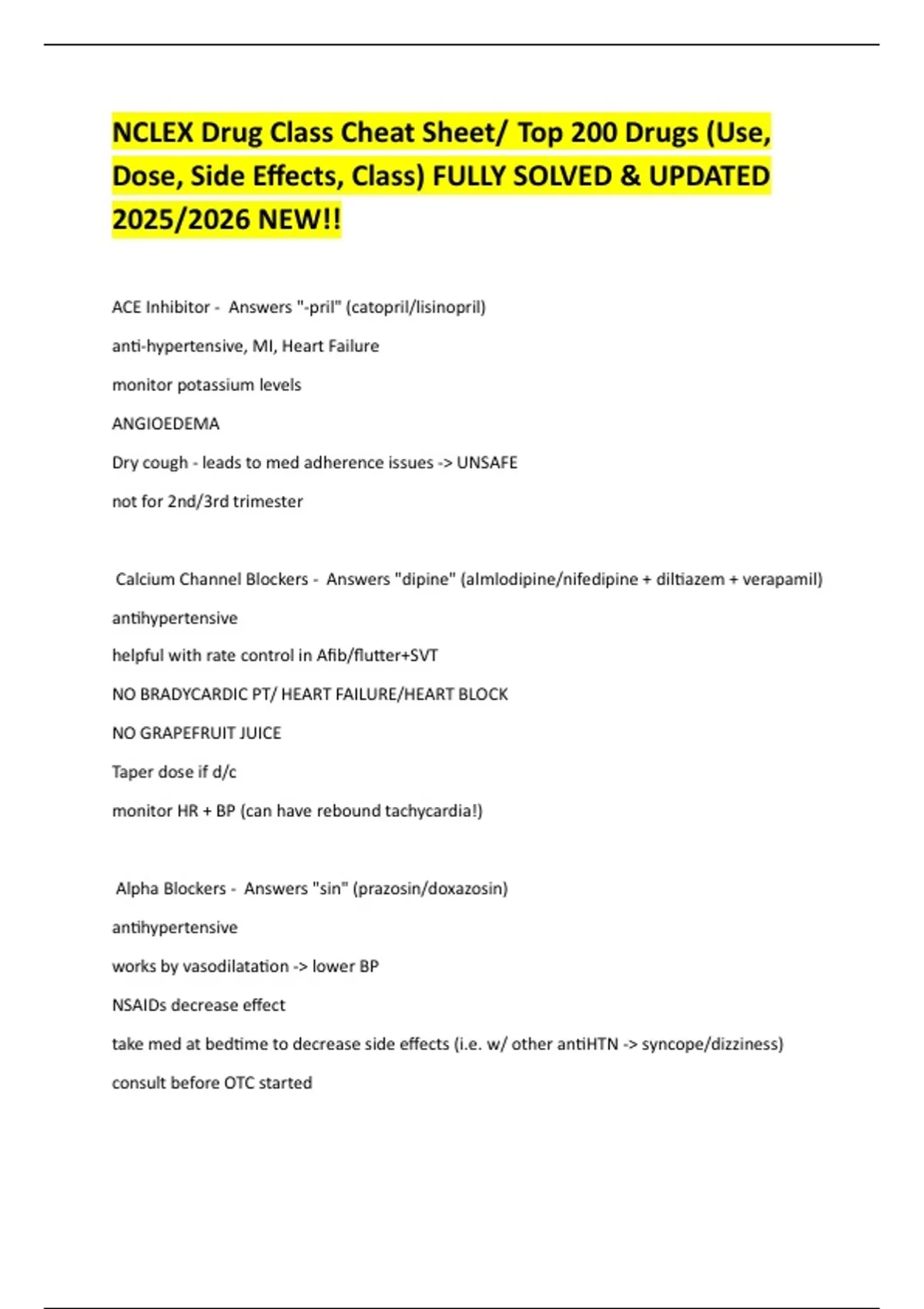 NCLEX Drug Class Cheat Sheet/ Top 200 Drugs (Use, Dose, Side Effects, Class) FULLY SOLVED ...