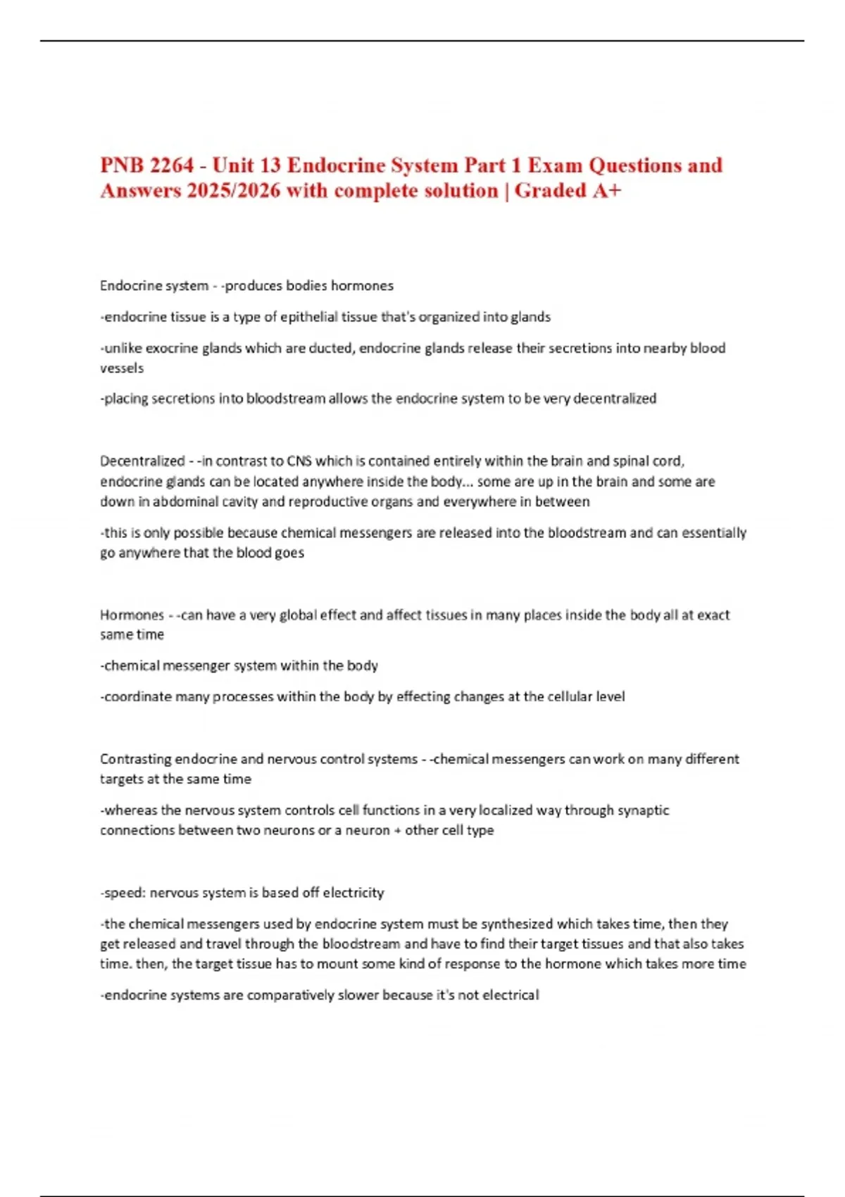 PNB 2264 - Unit 13 Endocrine System Part 1 Exam Questions and Answers 2025/2026 with complete ...
