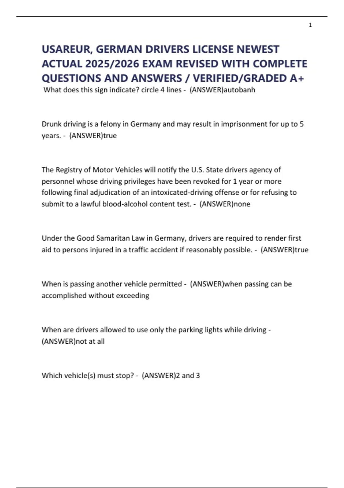 German Dl Example USAREUR, GERMAN DRIVERS LICENSE NEWEST ACTUAL 2025/2026 EXAM REVISED ...