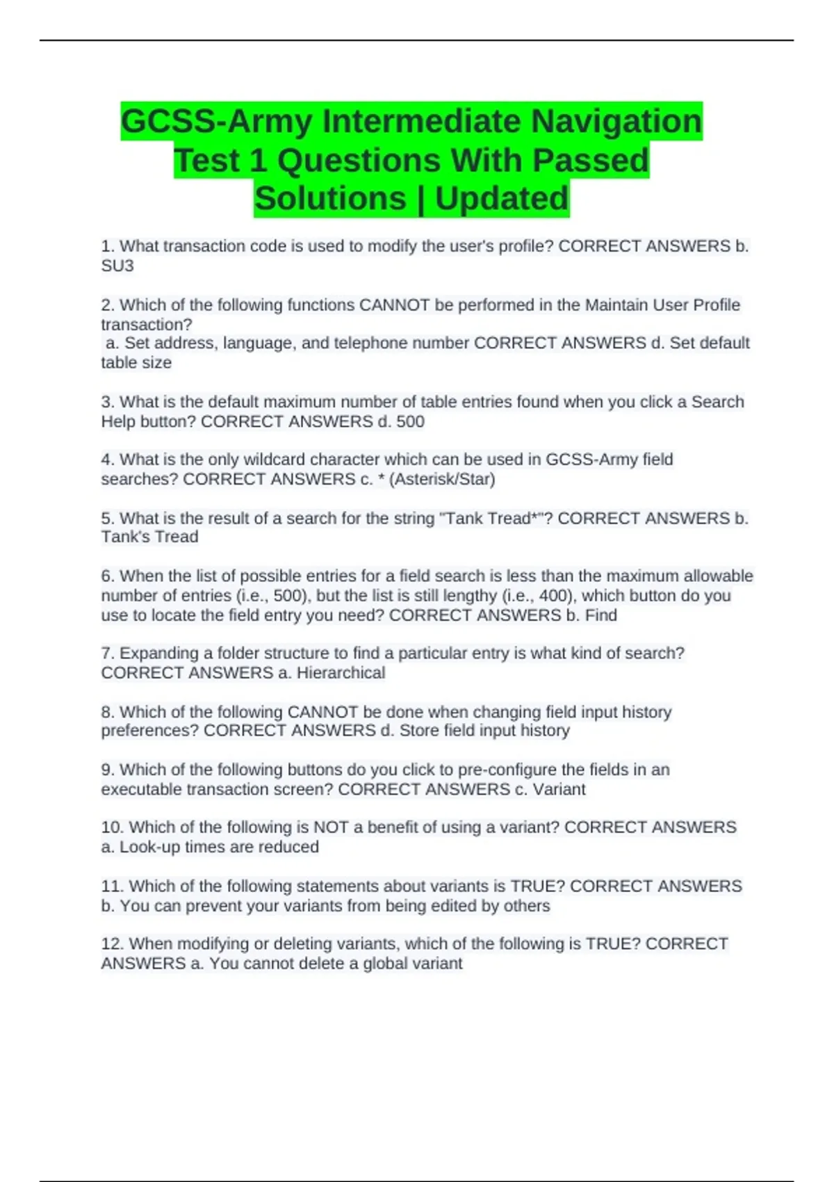 GCSS-Army Intermediate Navigation Test 1 Questions With Passed ...