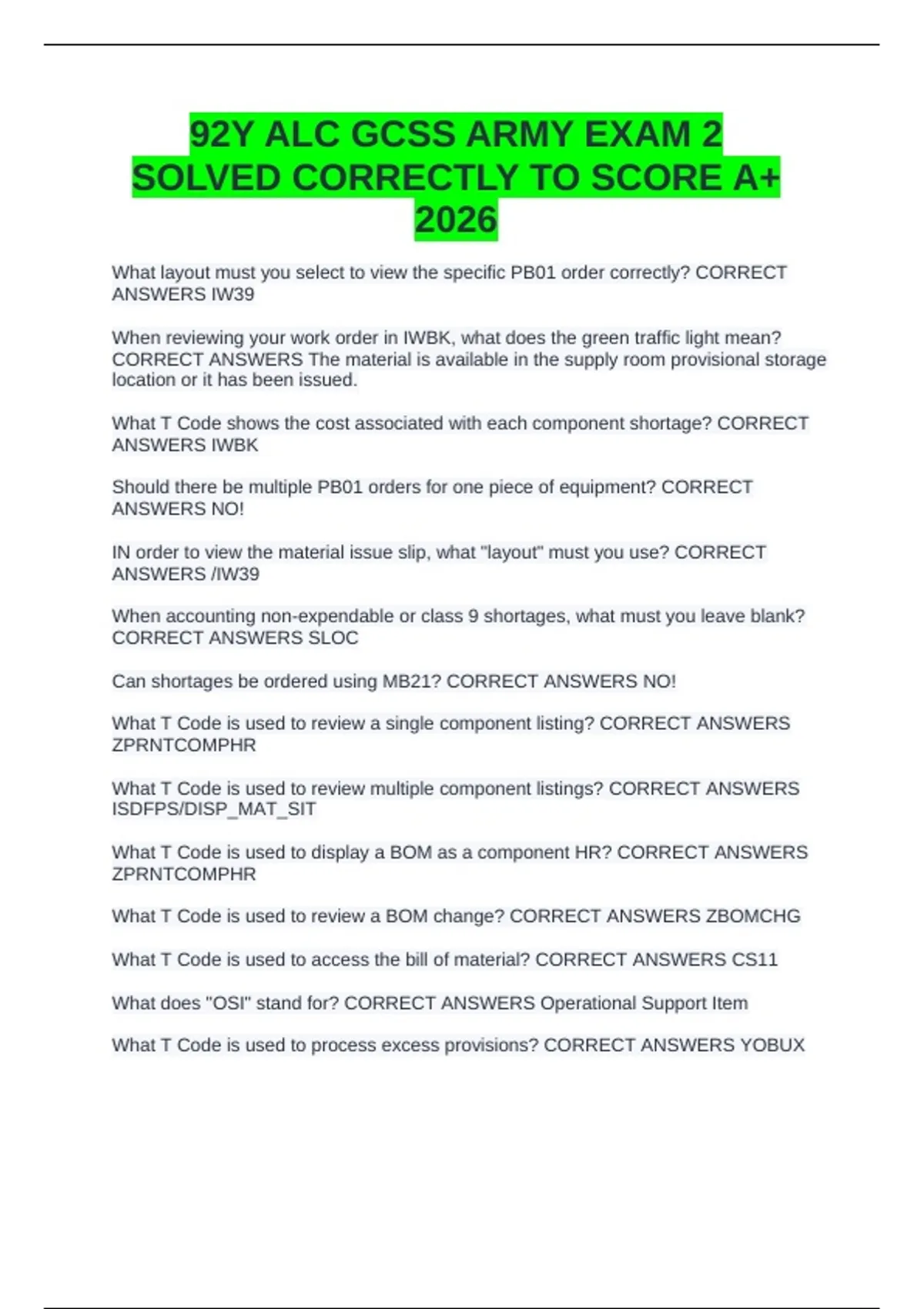 92Y ALC GCSS ARMY EXAM 2 SOLVED CORRECTLY TO SCORE A+ 2026 - GCSS- Army ...