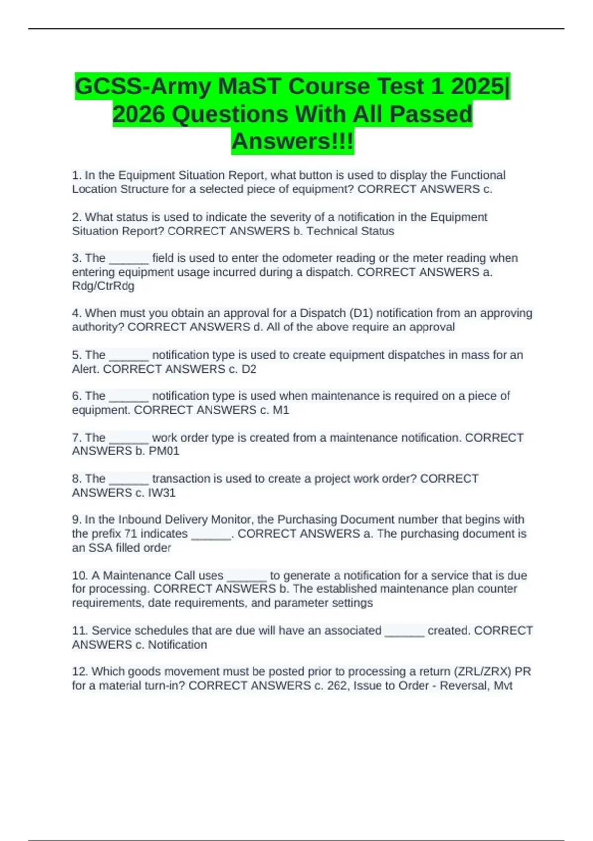 GCSS-Army MaST Course Test 1 2025|2026 Questions With All Passed ...
