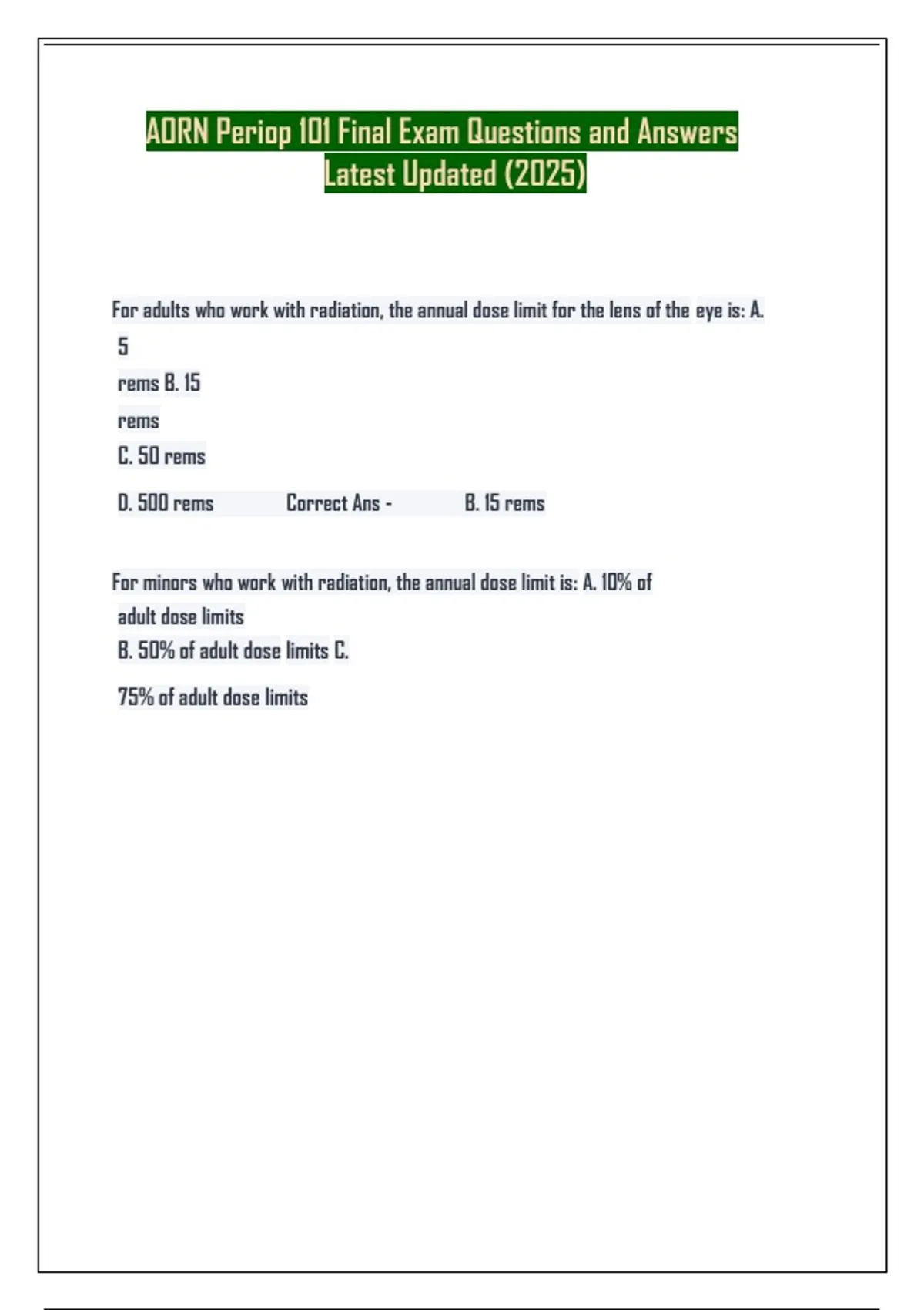 AORN Periop 101 Final Exam Questions and Answers | Latest Updated | 100 ...