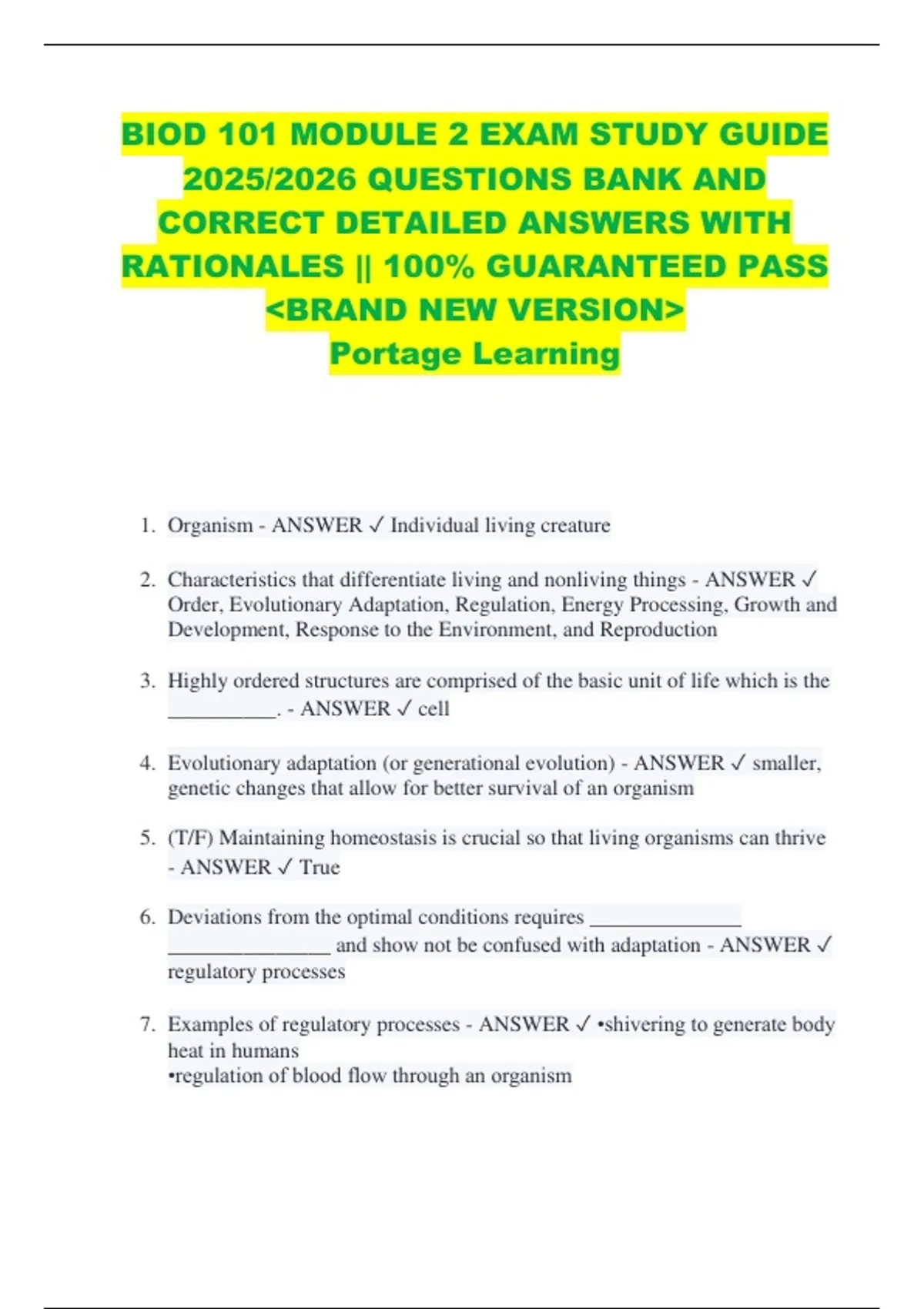 BIOD 101 MODULE 2 EXAM STUDY GUIDE 2025/2026 QUESTIONS BANK AND CORRECT ...