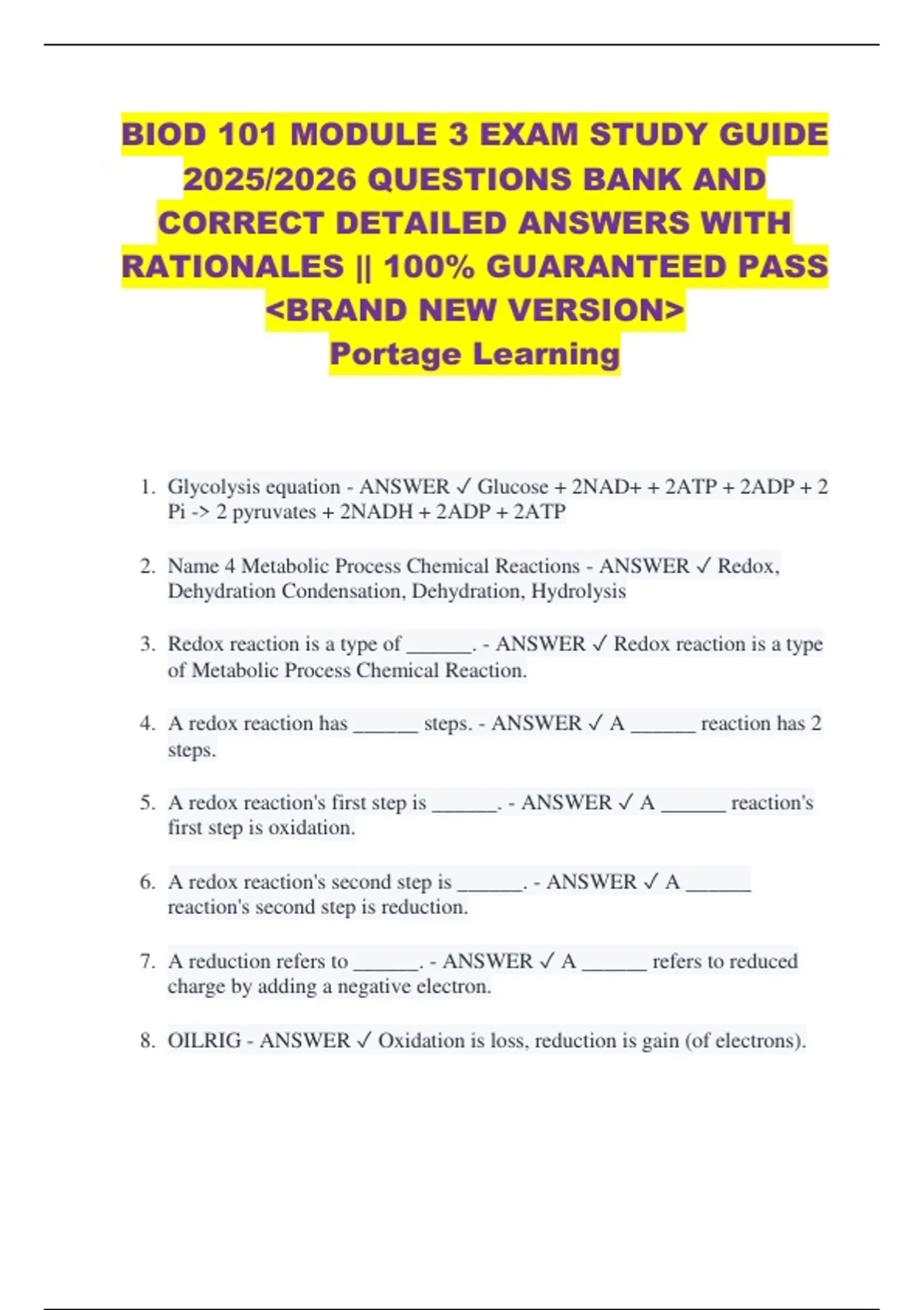 BIOD 101 MODULE 3 EXAM STUDY GUIDE 2025/2026 QUESTIONS BANK AND CORRECT ...