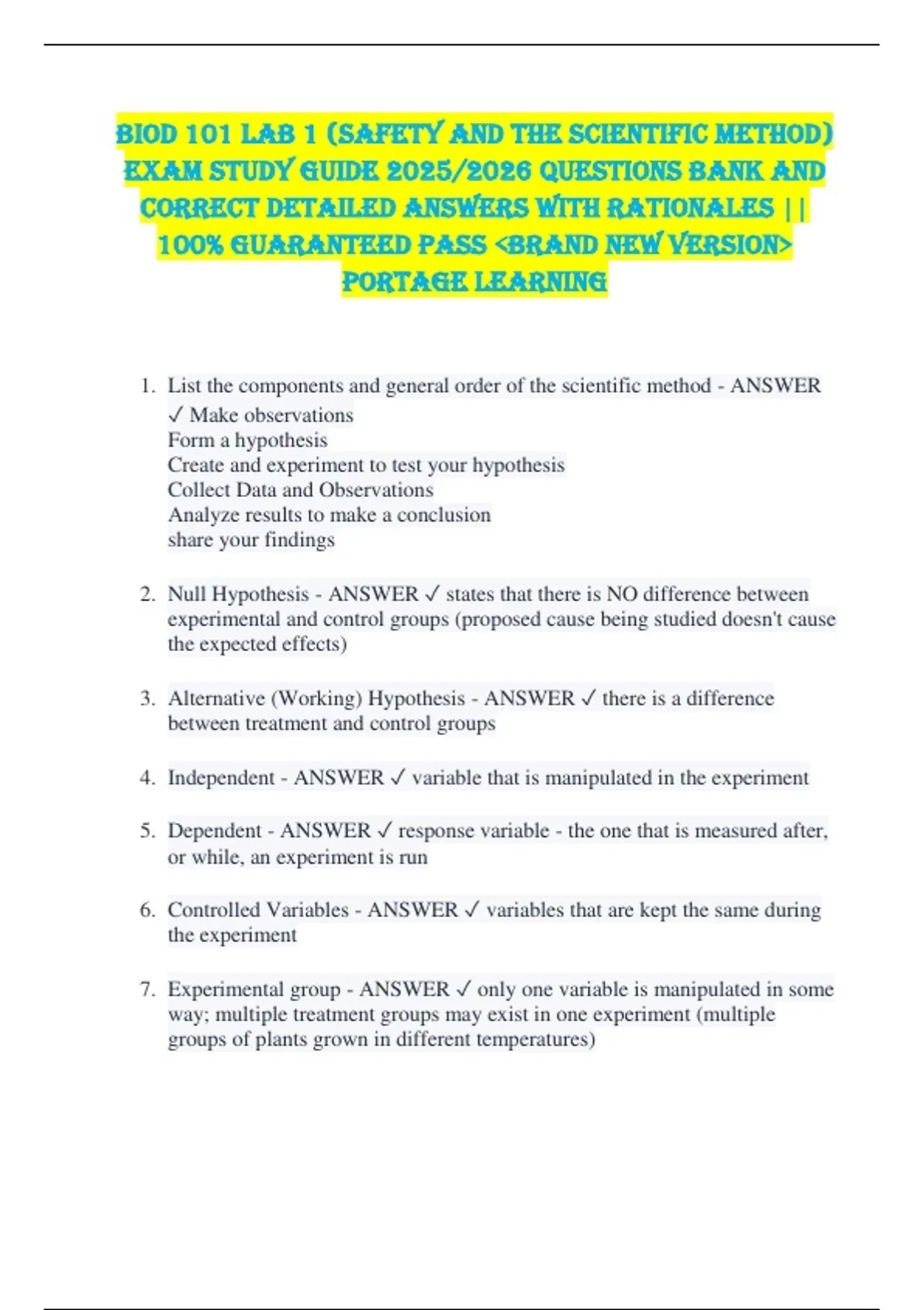 BIOD 101 LAB 1 (Safety and the Scientific Method) EXAM STUDY GUIDE 2025 ...