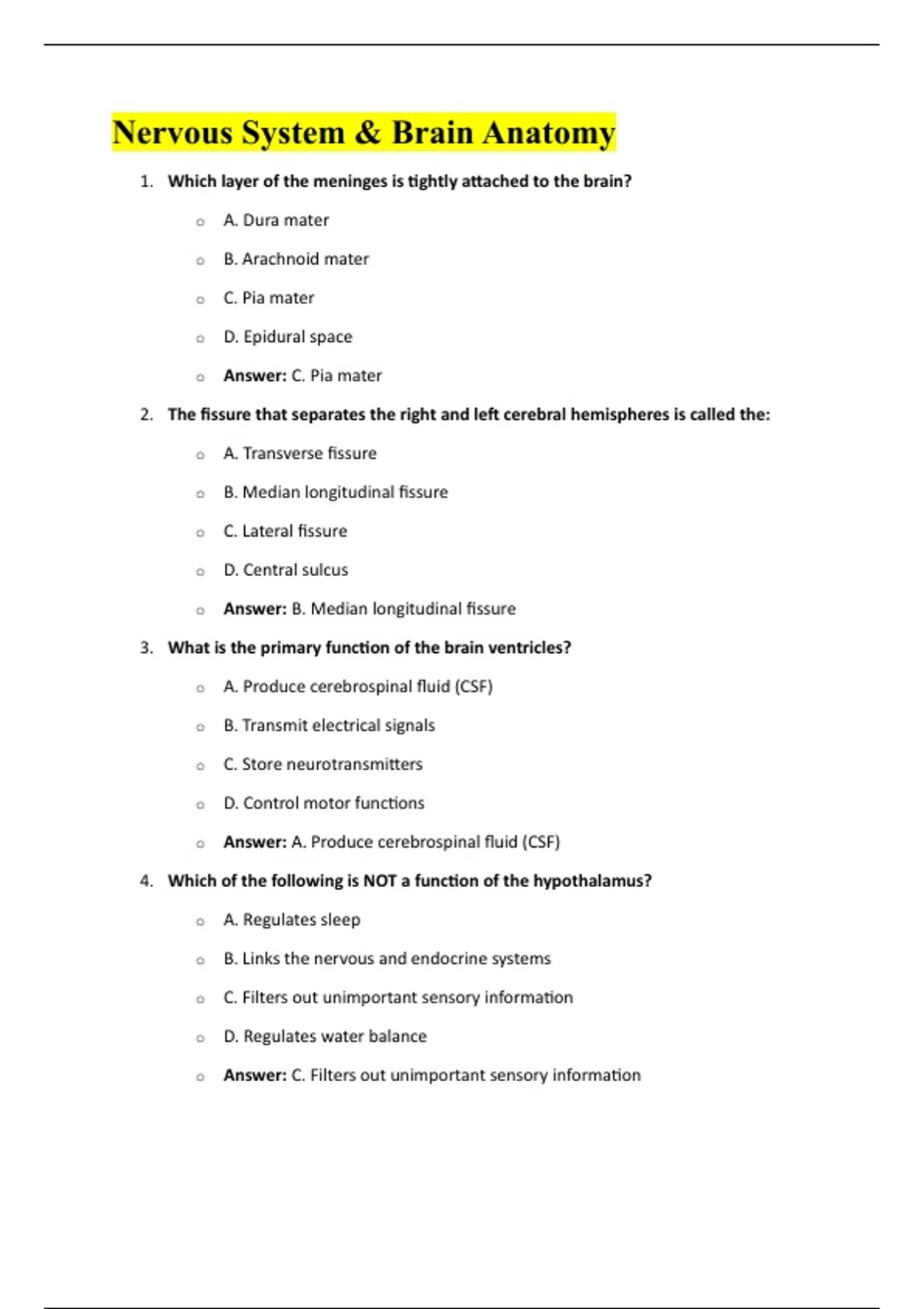 Nervous System & Brain Anatomy - CAISS - Stuvia US