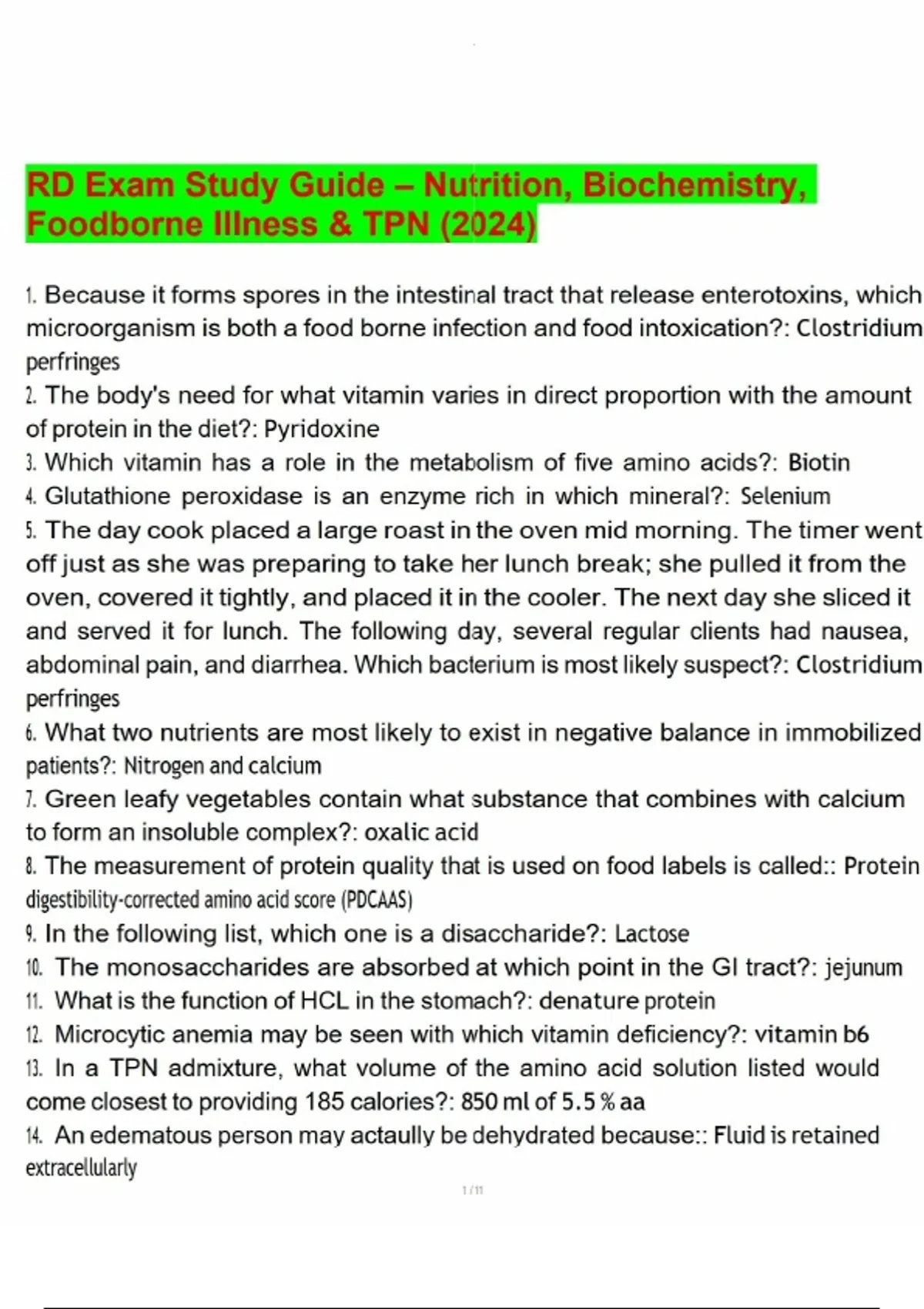 RD Exam Study Guide – Nutrition, Biochemistry, Foodborne Illness & TPN ...