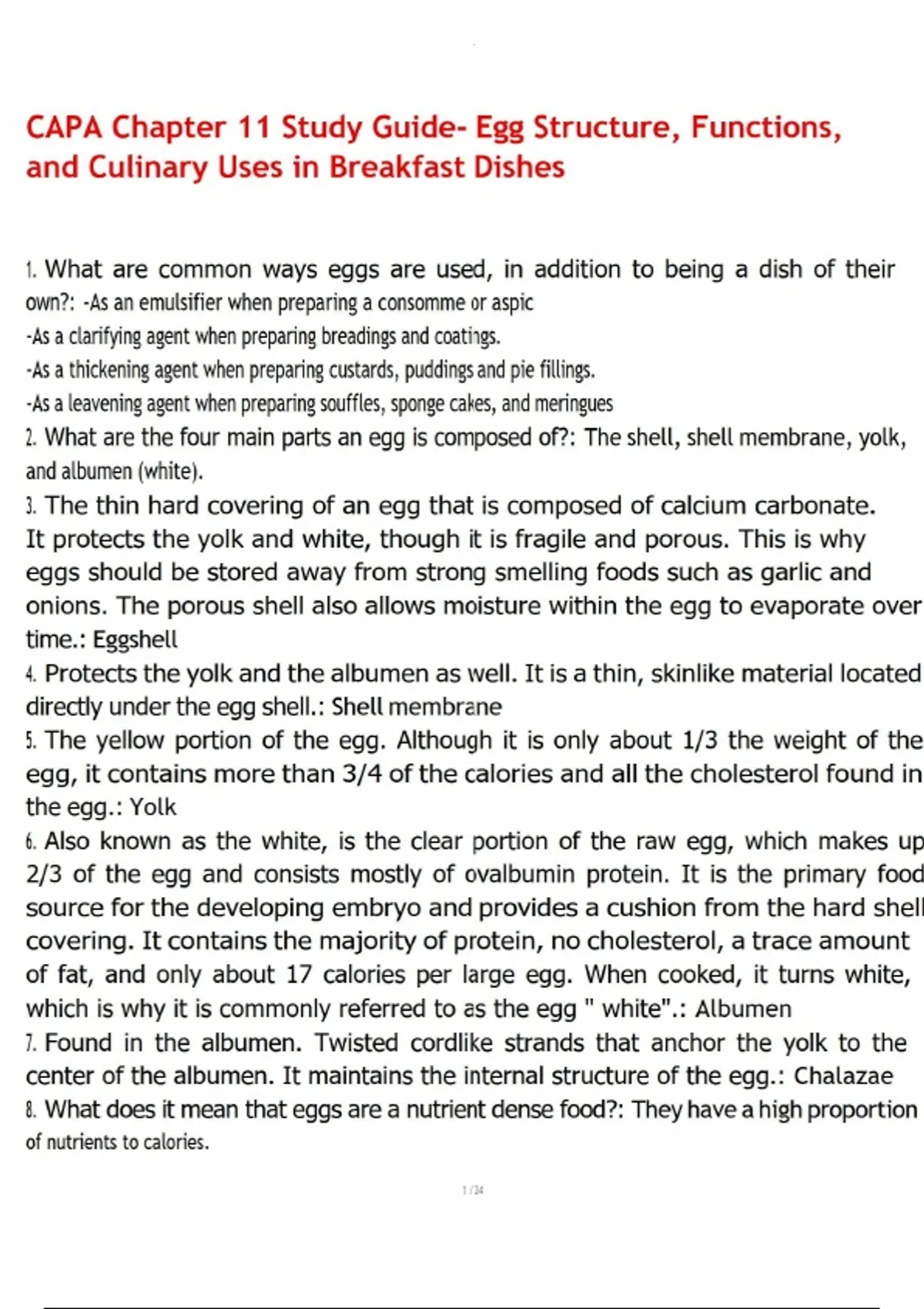 CAPA Chapter 11 Study Guide- Egg Structure, Functions, and Culinary ...