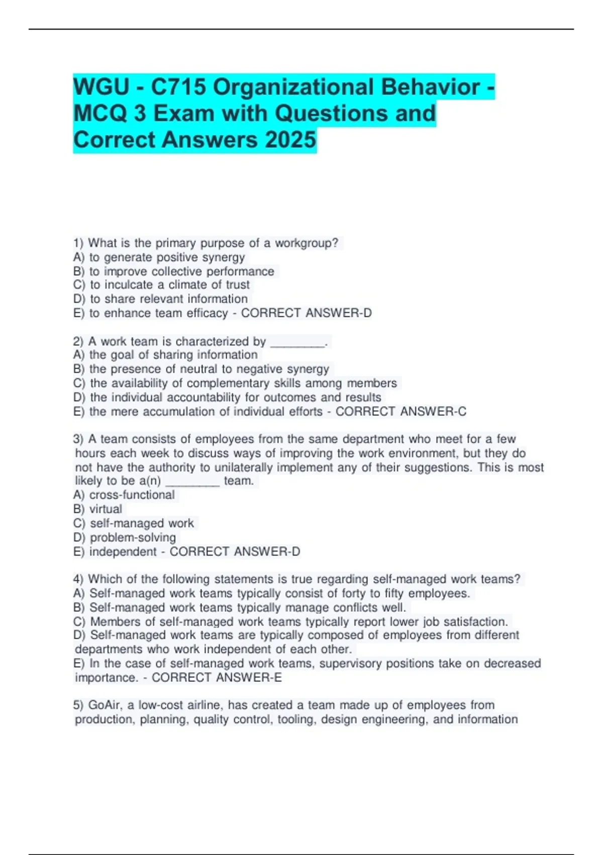WGU - C715 Organizational Behavior - MCQ 3 Exam with Questions and ...