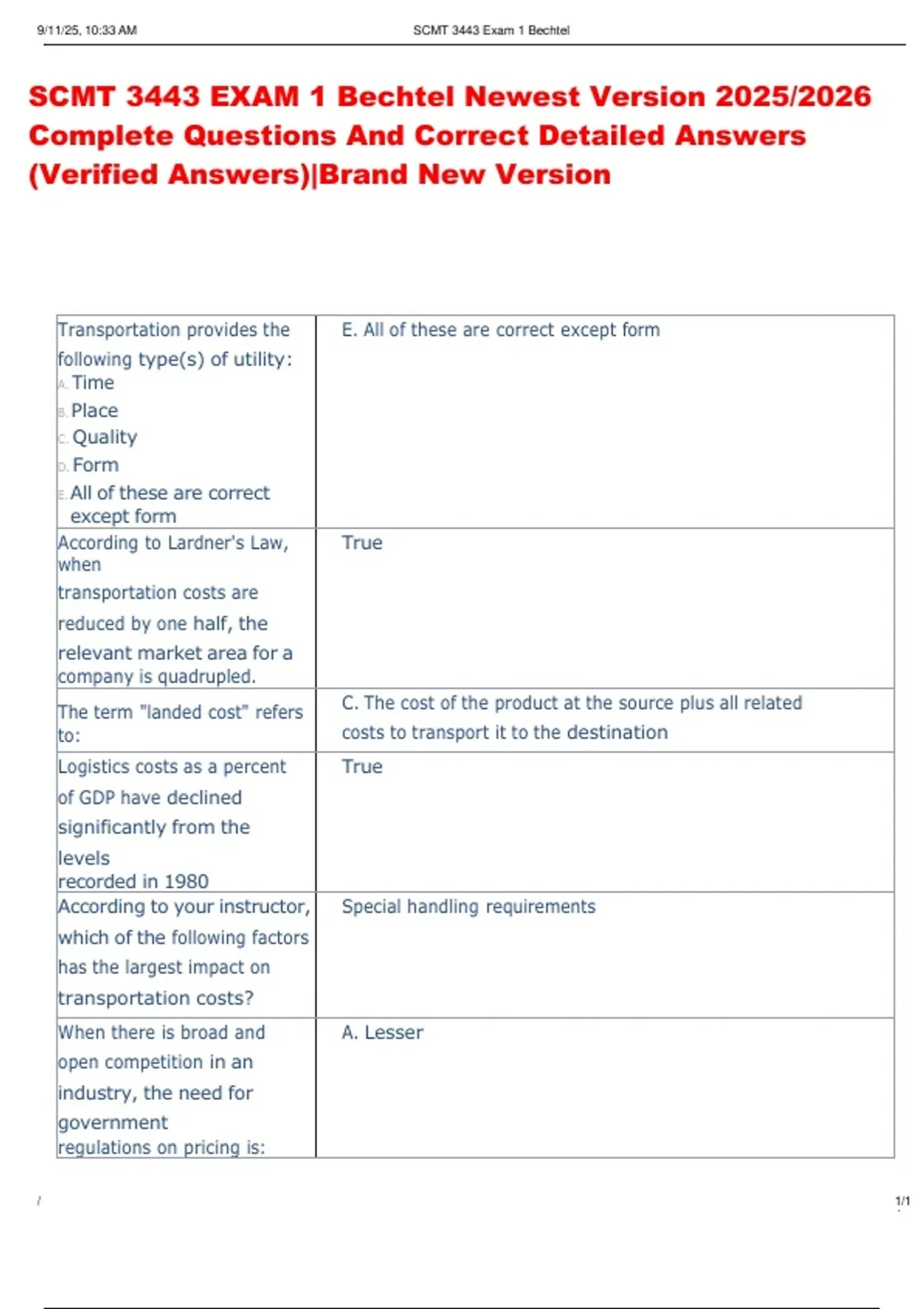 Scmt Prs SCMT 3443 EXAM 1 Bechtel Newest Version 2025/2026 Complete Questions ...