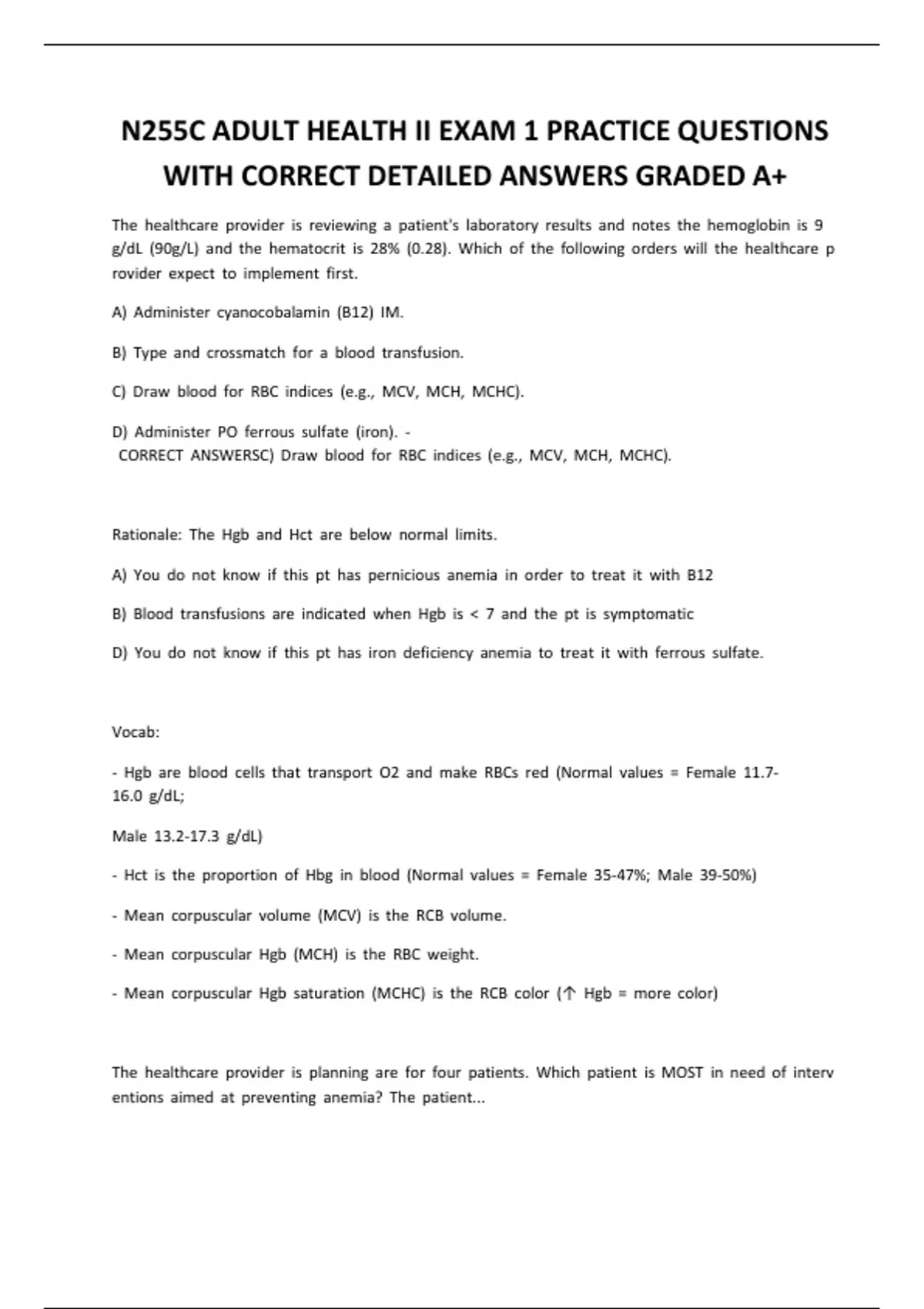 N255C ADULT HEALTH II EXAM 1 PRACTICE QUESTIONS WITH CORRECT DETAILED ...
