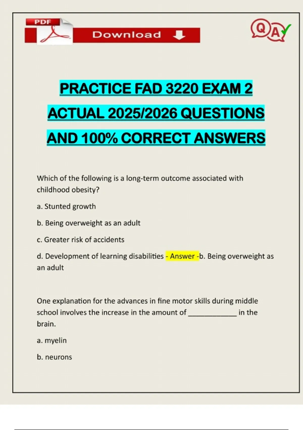 PRACTICE FAD 3220 EXAM 2 ACTUAL 2025/2026 QUESTIONS AND 100% CORRECT ...