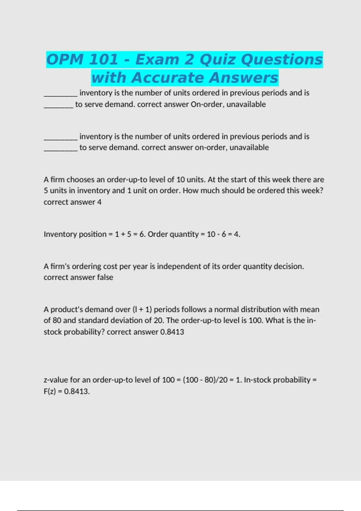 Telecoms Opm Test Examples OPM 101 - Exam 2 Quiz Questions with Accurate Answers - Science - Stuvia US