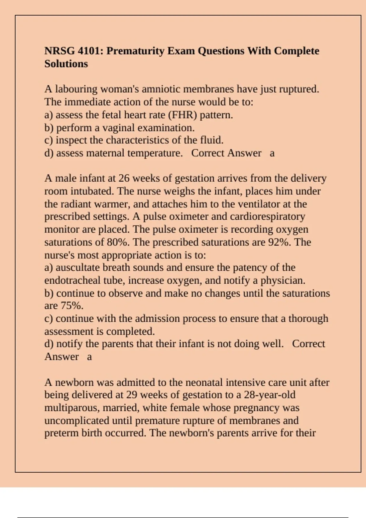 NRSG 4101: Prematurity Exam Questions With Complete Solutions - NRSG ...