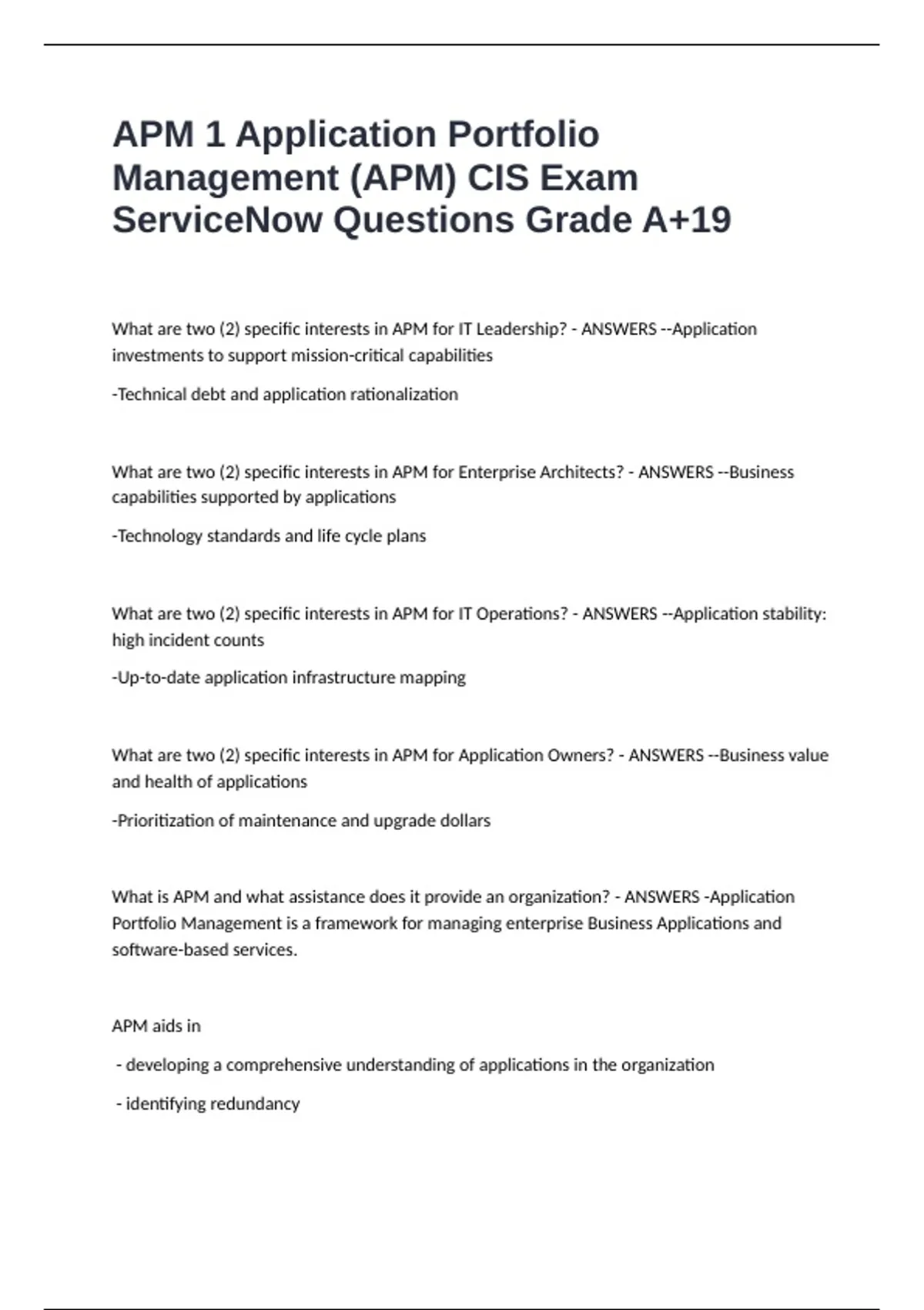 APM 1 Application Portfolio Management (APM) CIS Exam ServiceNow ...
