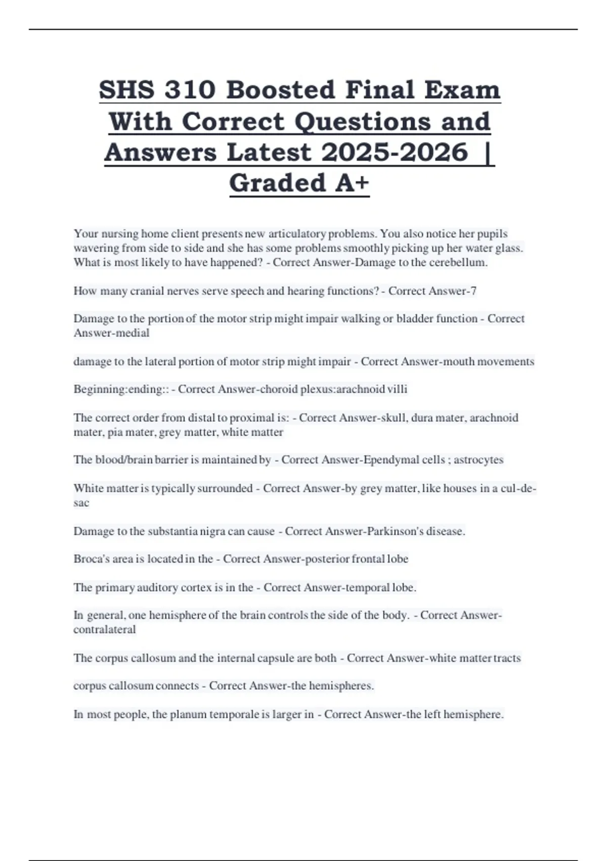 SHS 310 – Boosted Final Exam with Correct Questions and Answers (2025 ...