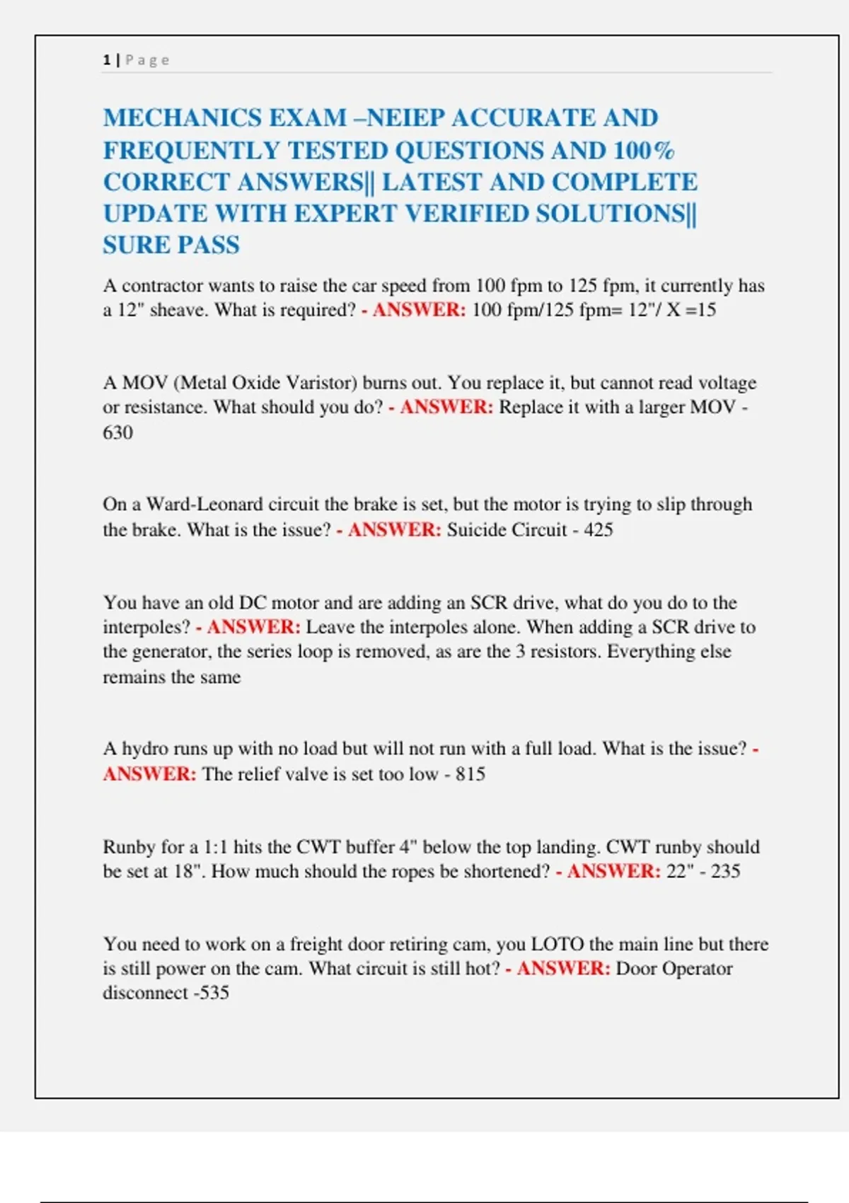 MECHANICS EXAM –NEIEP ACCURATE AND FREQUENTLY TESTED QUESTIONS AND 100% ...