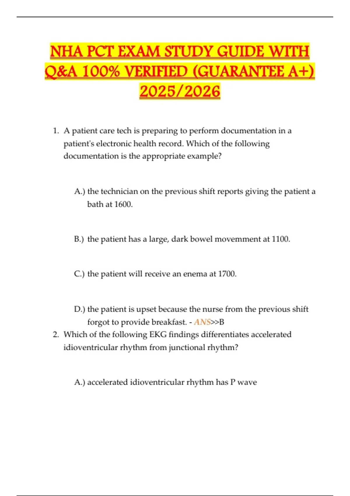 NHA PCT Exam Study Guide 2025/2026 – 100% Verified Q&amp;A for Patient Care Technician Certification ...