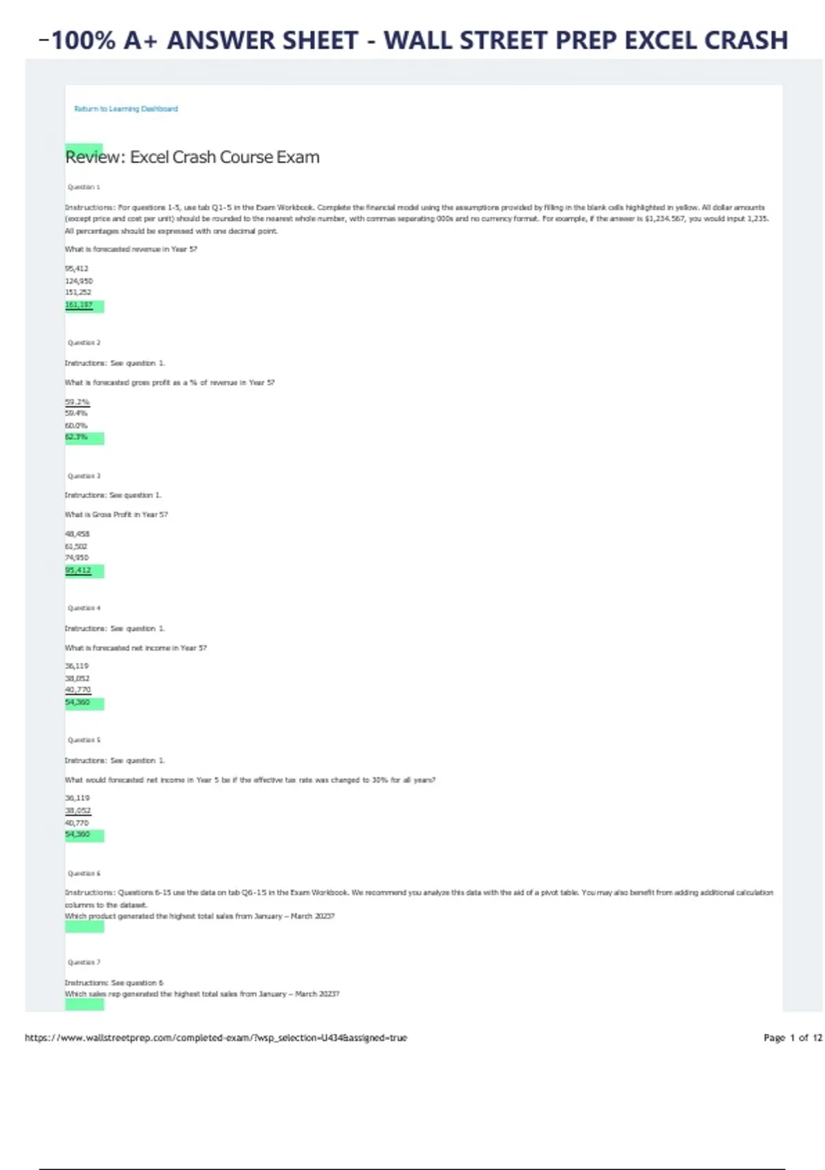 Wall Street Prep Excel Crash Course – 2025 Retake Exam Answer Key (48/ ...
