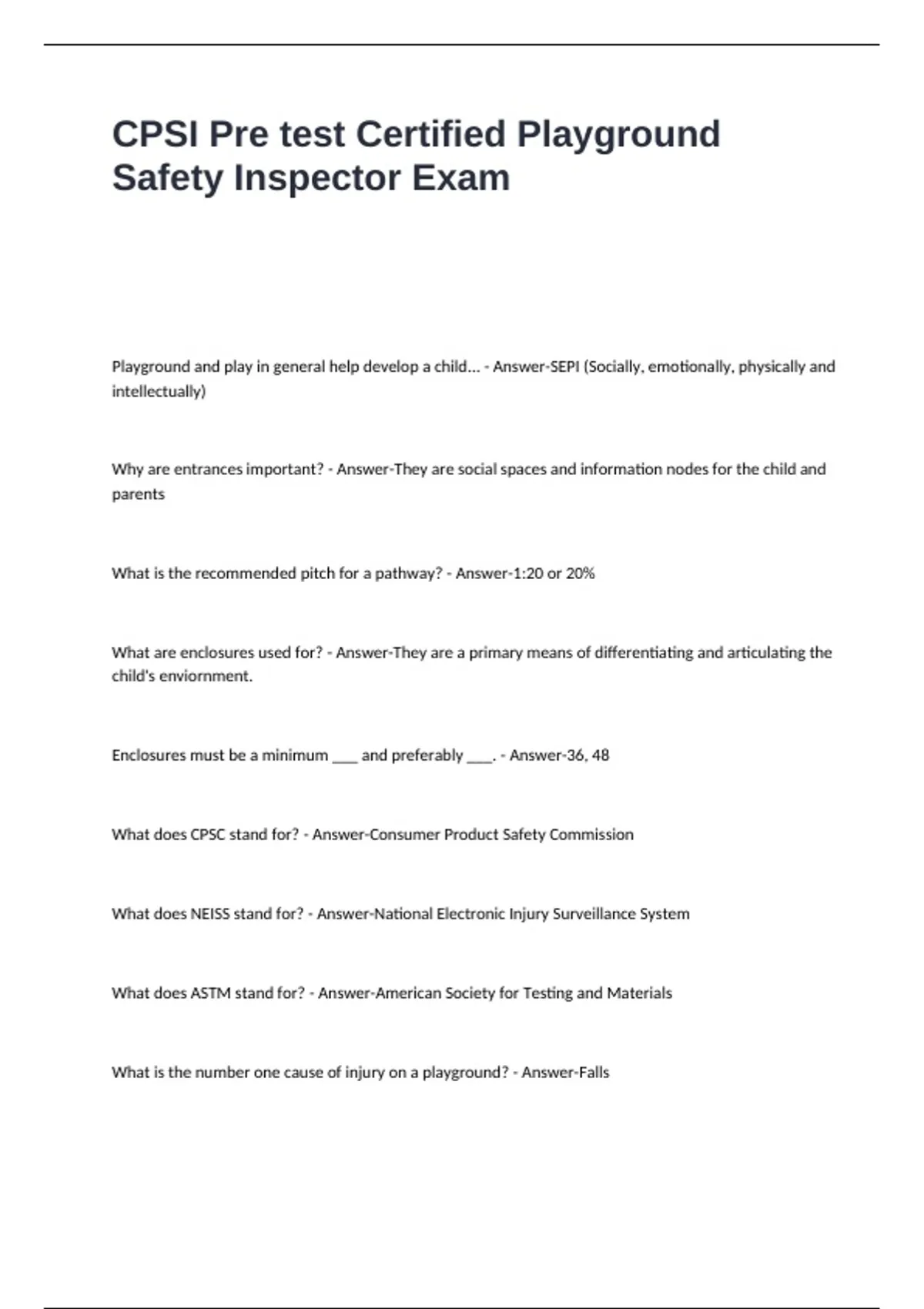 CPSI Pre test Certified Playground Safety Inspector Exam Questions and ...